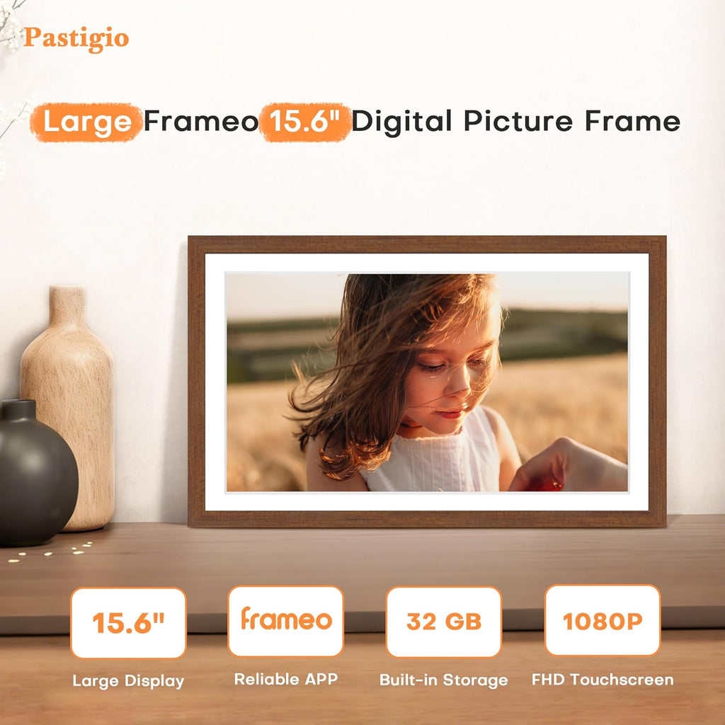Digital Picture Frame, 15.6 Inch Frameo Digital Frame WiFi, 1920 * 1080 IPS FHD Touchscreen, 32GB, Tabletop&Wall-Mounted, Share Picture Video, Large Electric Photo Frame, Mom Gifts, Teak Woodgrain