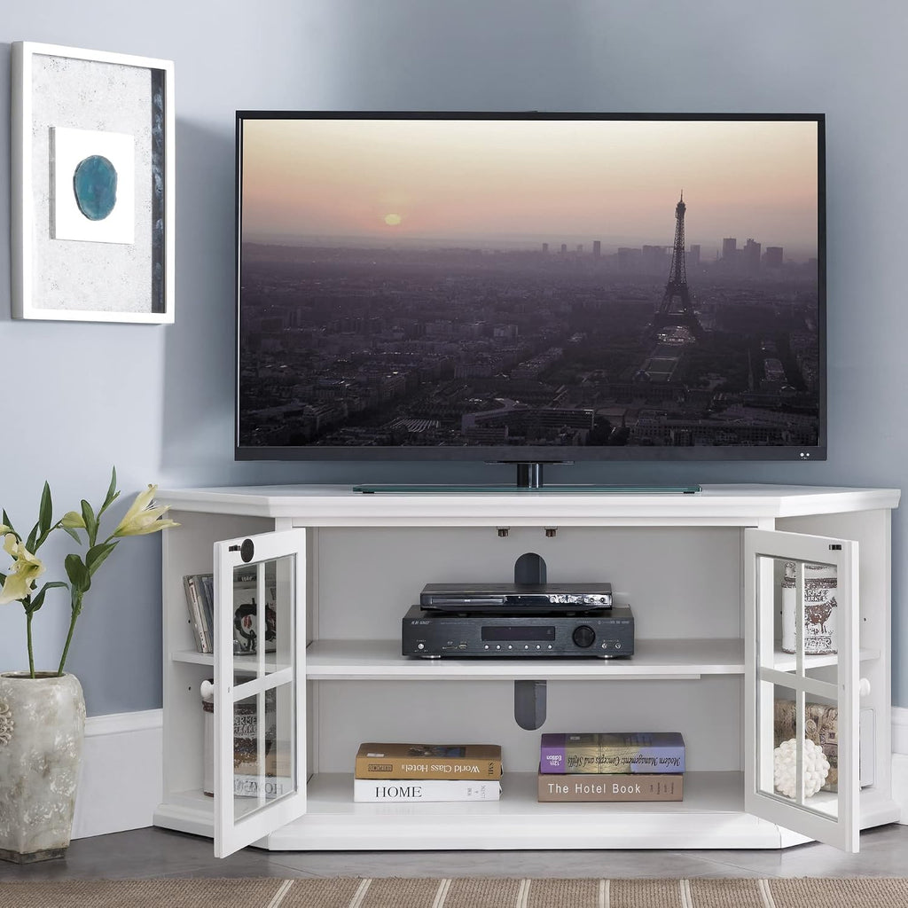 Leick Home Corner TV Stand, 60 in, Beveled Glass Doors, Solid Wood, Adjustable Shelves, Easy Assembly, White, 56 in L x 20 in W x 25 in H, Item 85387