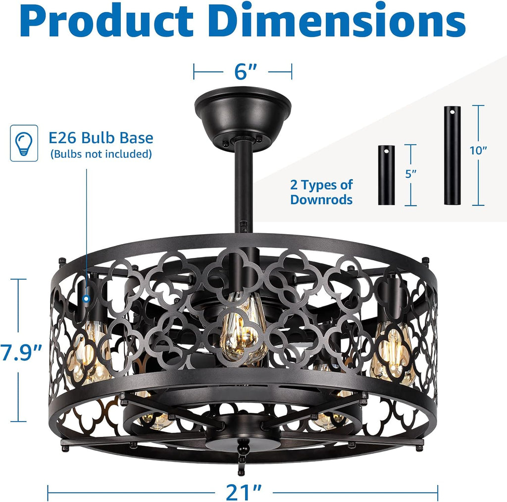 SUNVIE Caged Ceiling Fan with Lights Remote Control 21in Industrial Bladeless Enclosed Ceiling Fan Light with Reversible Motor for Bedroom Kitchen Living Room 5 E26 Base(No Bulb)
