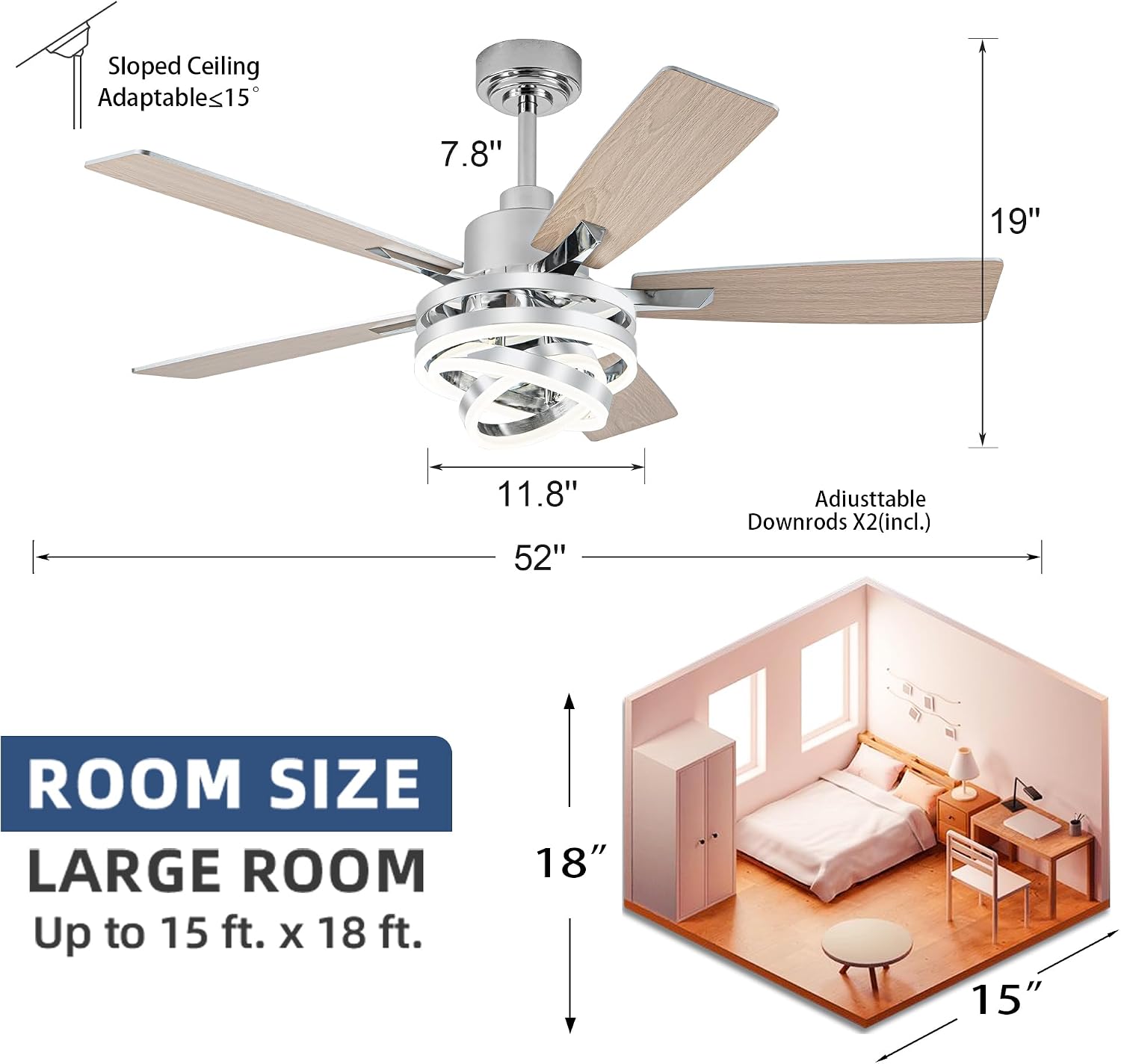 52 Inch Farmhouse Ceiling Fan with Light and Remote Control,Reversible DC Motor,Dimmable,DIY Rings LED,Chandelier Ceiling Fan with 5 Dual Finish Bladesfor Living Room/Dining Room/Bedroom