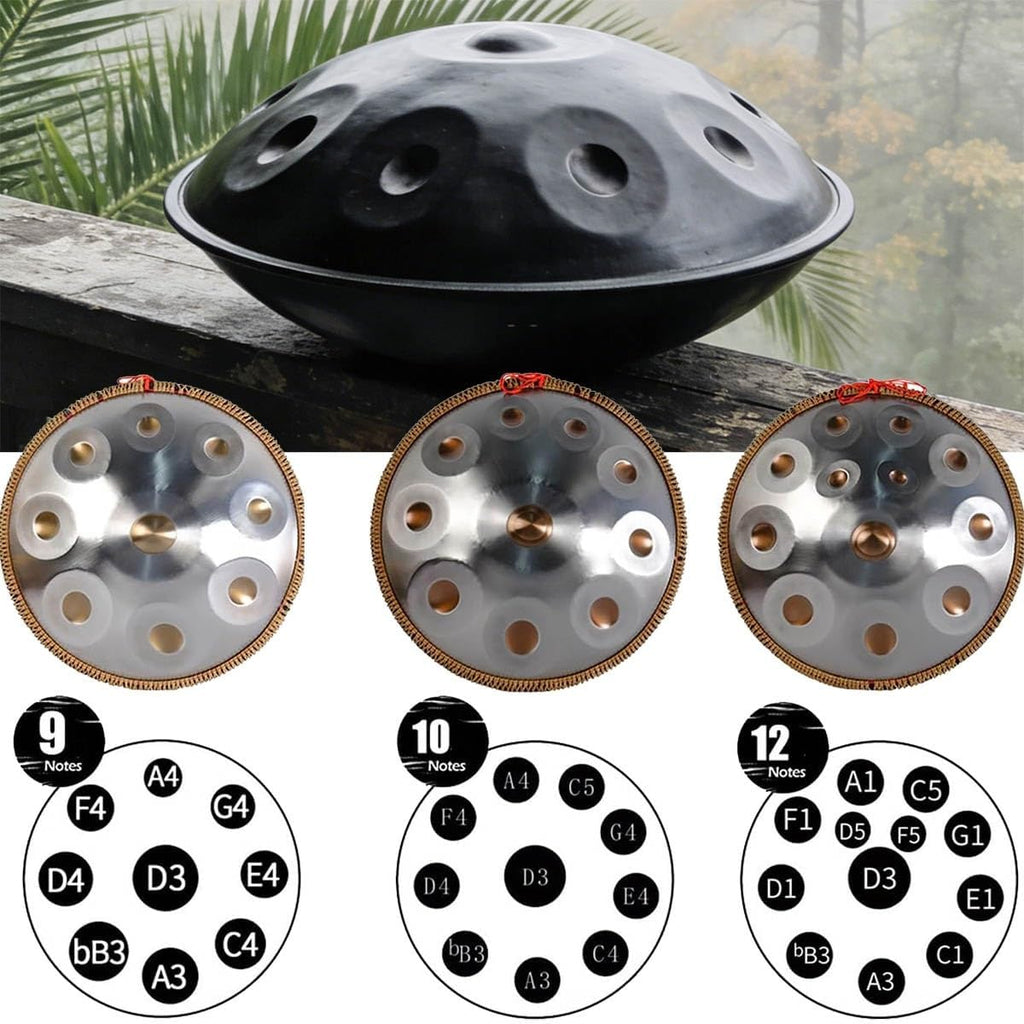 Handpan Instrument 432Hz/440Hz in D Minor Kurd, Steel Handpan 22 Inches, 9/10/12 Notes Handpan Drum with Mallets and Soft Bag, Suitable for Professional Performance(Black,432HZ/12Note)