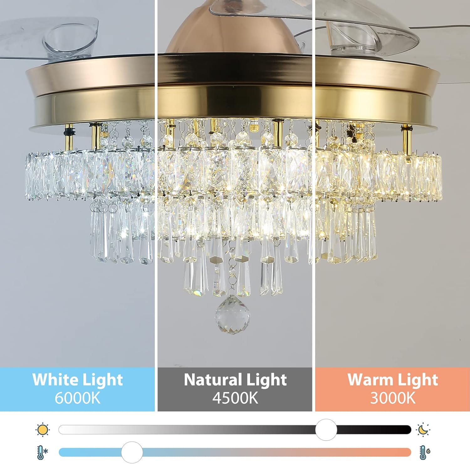 Finktonglan 42' Crystal Gold Fandelier Ceiling Fan with Light, Retractable Blades, Dimmable 60W LED, Remote & App Control, Quiet Reversible Motor, 6 Speeds & Timer, Downrod Mount
