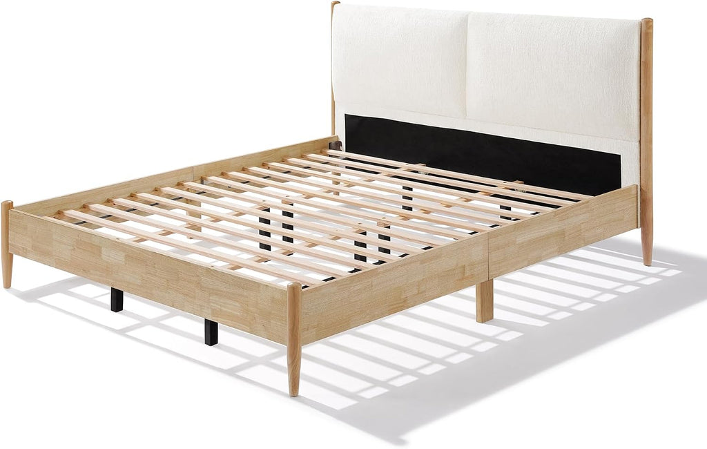 Christopher Knight Home Raven Modern California King Size Bed Frame with Upholstered Headboard, Natural Wood California King Size Platform Bed Frame, No Box Spring Needed, Easy Assembly, White+Natural