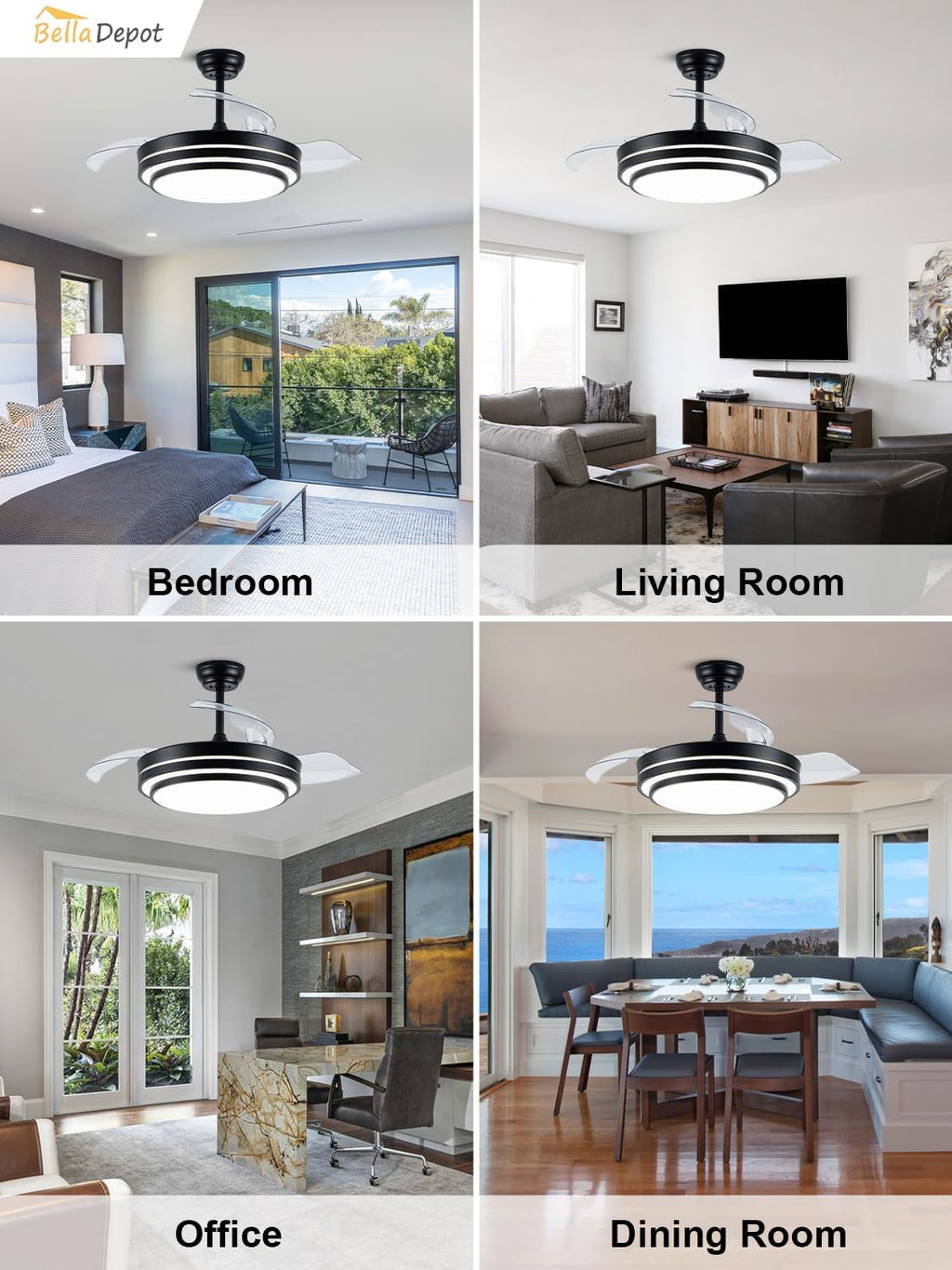 Bella Depot 42 Inch Retractable Ceiling Fan with Dimmable LED Light and Remote with 3 Color Change, Timing Options, Silent Noiseless for Dining Room Bedroom Kitchen (Black, 42')