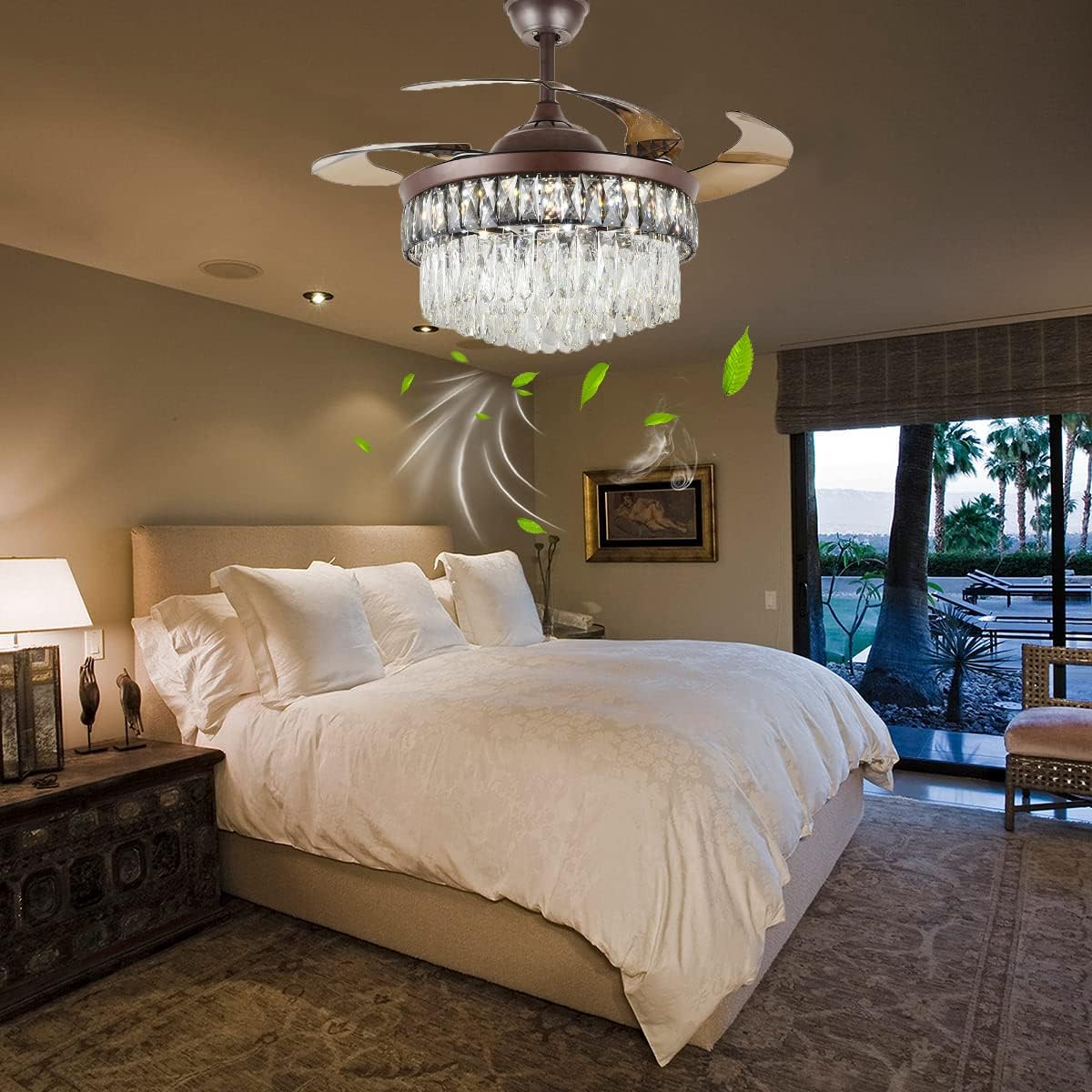 42' Crystal Fandelier Ceiling Fan, Brown Crystal Chandelier Fan, Ceiling Fans with Retractable Blades Lights and Remote with 3 Colors 3 Speeds for Dinning Room Bedroom