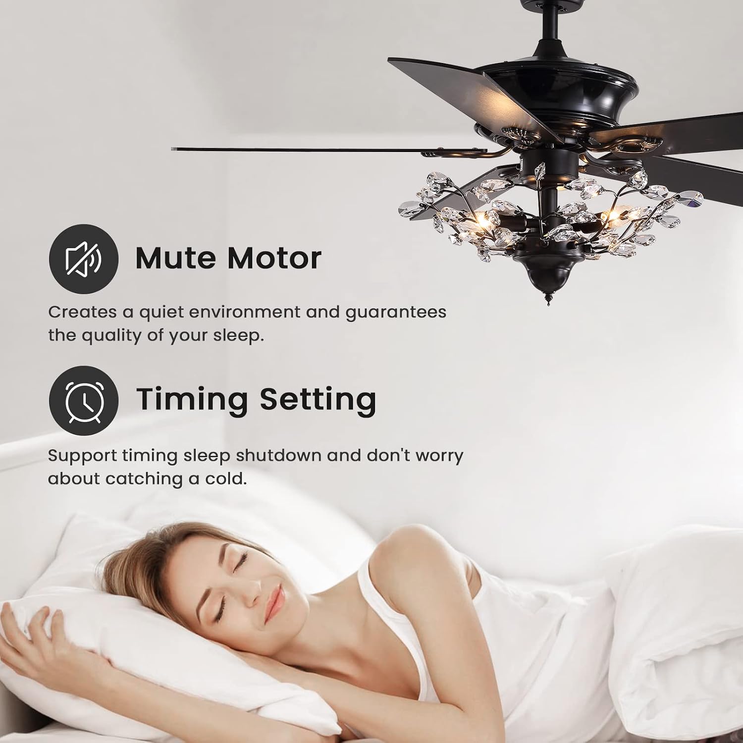Modern Crystal Chandelier Ceiling Fan Gorgeous Reversible Ceiling Fan Light Fixture with Remote for Bedroom Living Room (Black-2, 50')