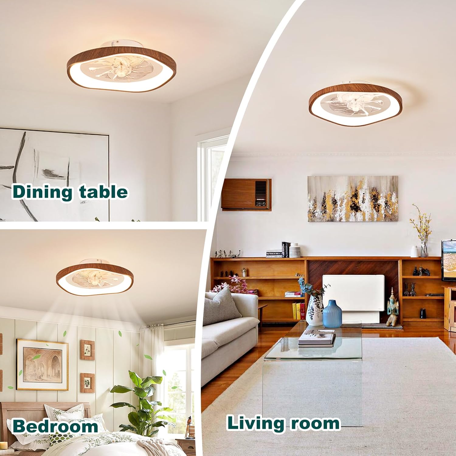 20″ Low Profile Ceiling Fan with Lights, Farmhouse Retro Walnut Wood Grain Ceiling Fan Light, Bladeless Dimmable LED Chandelier Fans for Bedroom Porch