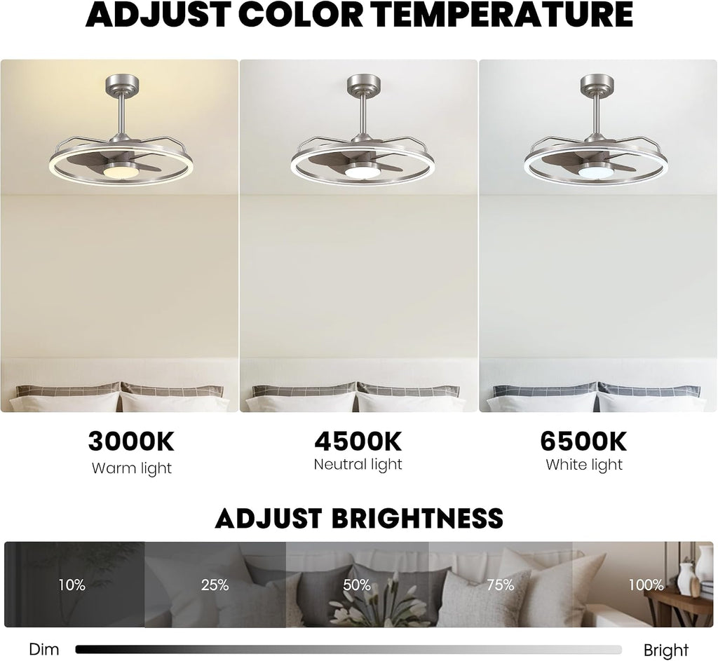 24 Inch Low Profile Ceiling Fans with Lights and Remote, 6-Speed Reversible Motor Flush Mount Modern Fandelier Ceiling Fan, App and Remote Control Dimmable LED Fan Light for Bedroom, Living Room