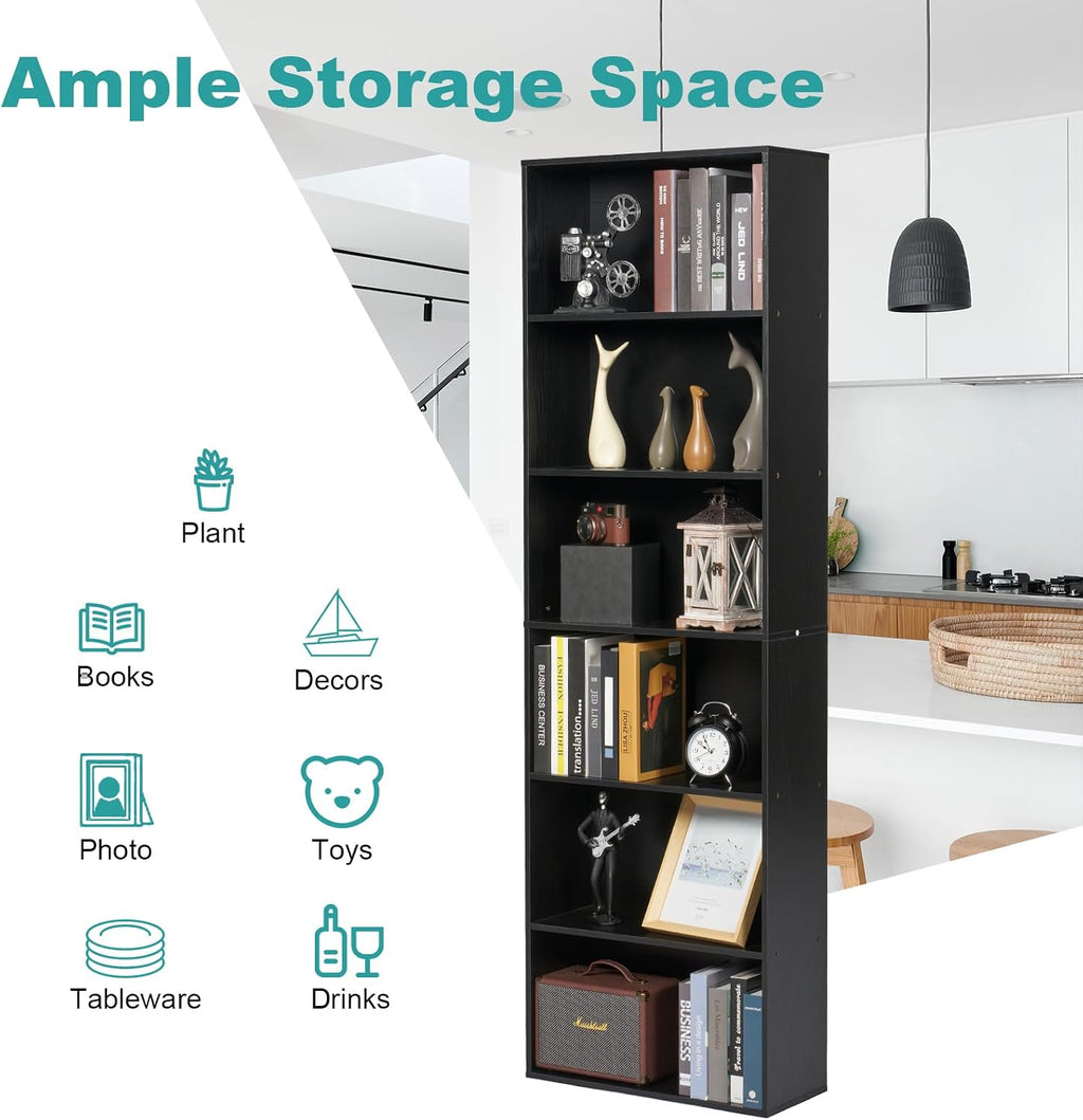 71.5' Tall Bookshelves and Bookcases Set of 2, 6 Tier Display Storage Shelves Home Decor Furniture for Home Office, Living Room, Bed Room (Black, 21.9' Wide)