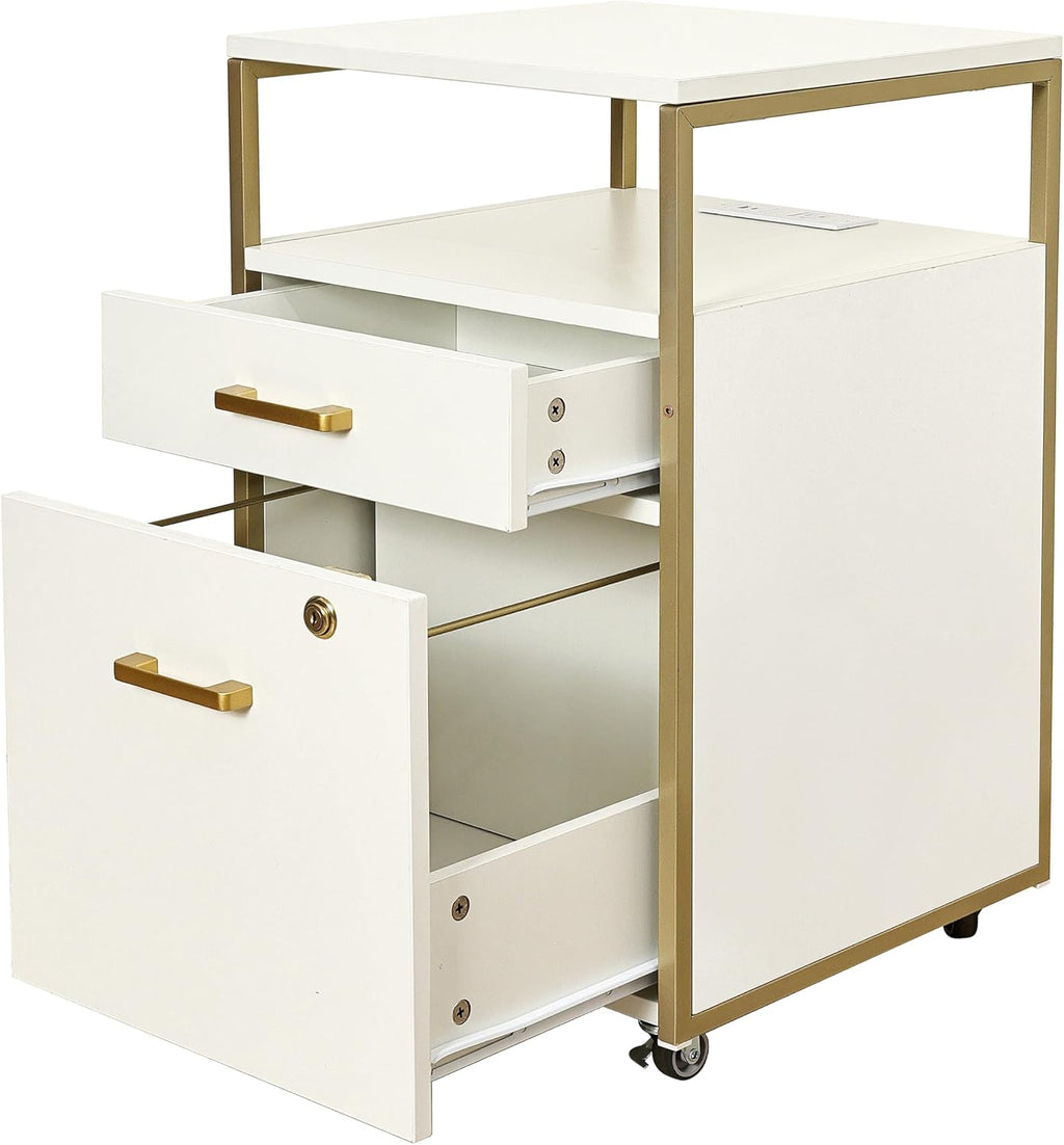 Modern 2-Drawer Rolling File Cabinet with Lock, 2 USB Ports and Power Outlet for Device Charging, Portable File Organizer or Printer Stand for Office or Home with Locking Wheels, White & Gold