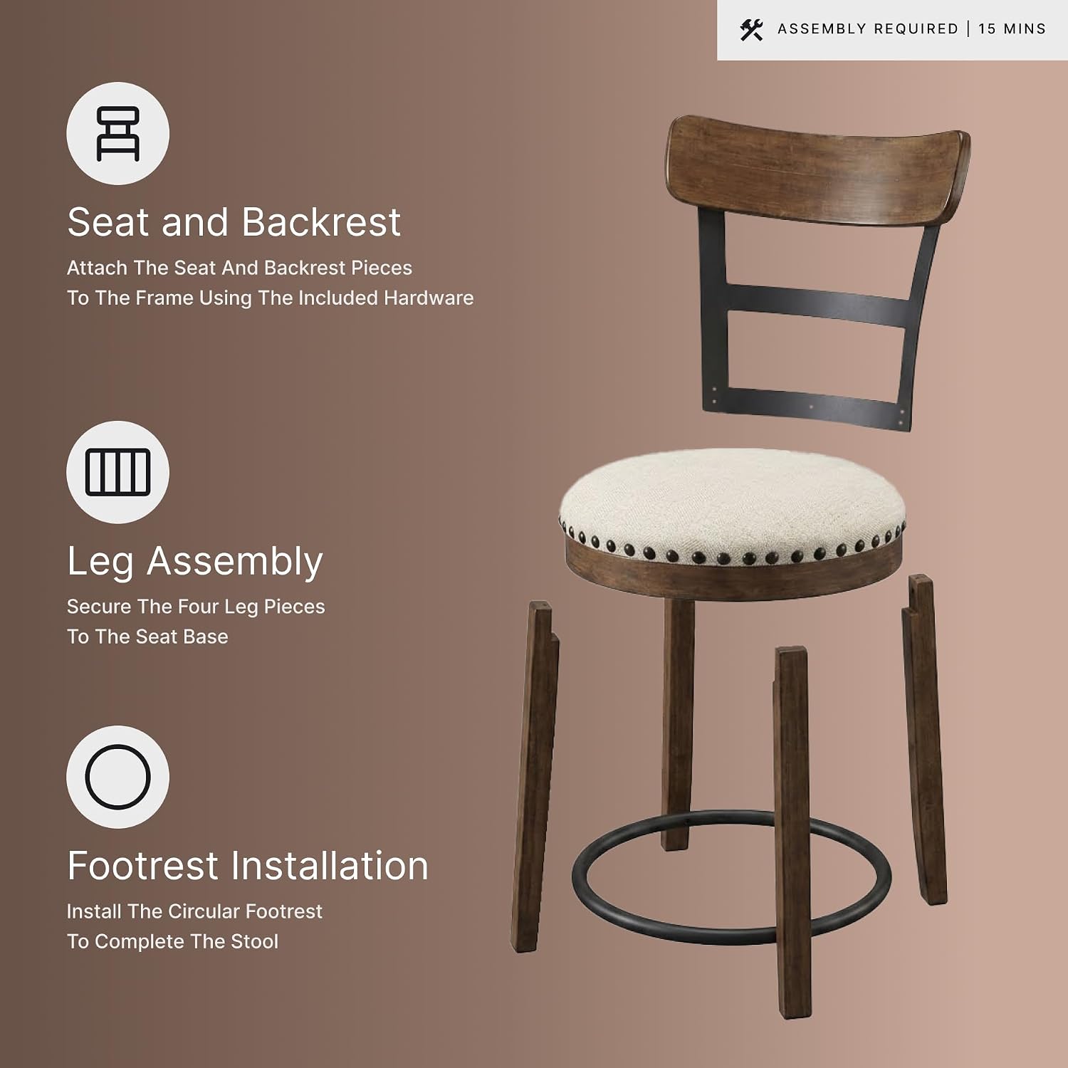 Signature Design by Ashley Valebeck Bar Stool, Rustic Industrial Swivel Barstool With Cushioned Upholstery, Wood & Metal Construction, Kitchen Island Seating, Counter Height, Black