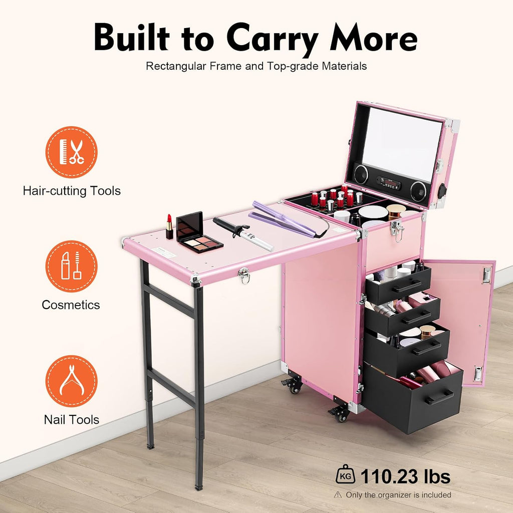 Rolling Manicure Table Train Case with 4 Universal Wheels,Professional Makeup Suitcase With Drawers & Unfold Table,2 Built-In Music Speakers,Travel Cosmetic Storage Train for Makeup Artist,Hairstylist