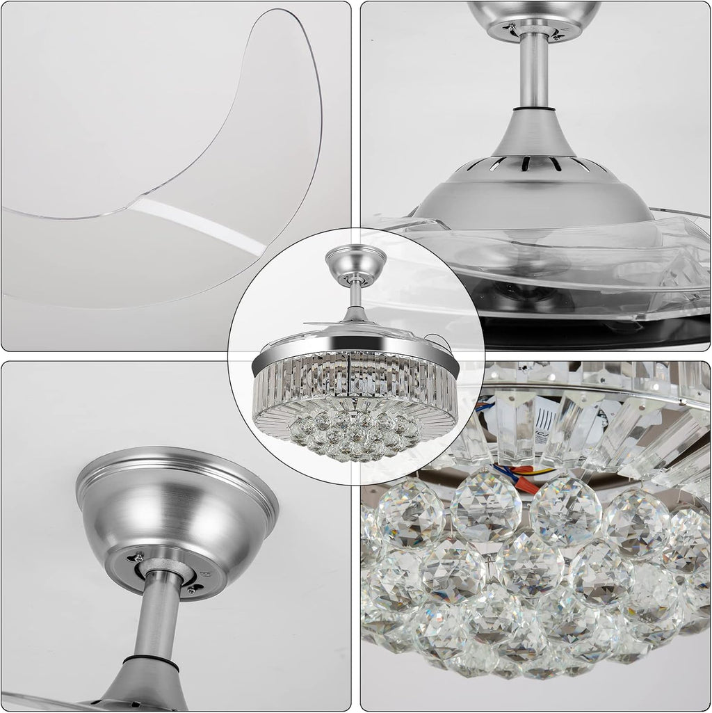 WWahuayuan 36' Chandelier Ceiling Fan Light, Modern Retractable Invisible Ceiling Fan Light Remote Control 4 Retractable ABS Blades for Bedroom Living Room Dining Room Decoration