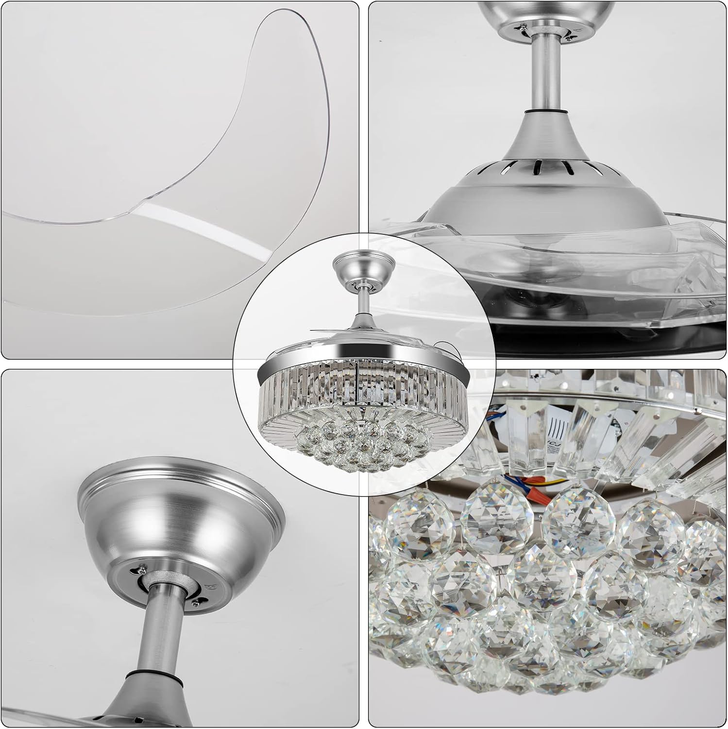 WWahuayuan 36' Chandelier Ceiling Fan Light, Modern Retractable Invisible Ceiling Fan Light Remote Control 4 Retractable ABS Blades for Bedroom Living Room Dining Room Decoration