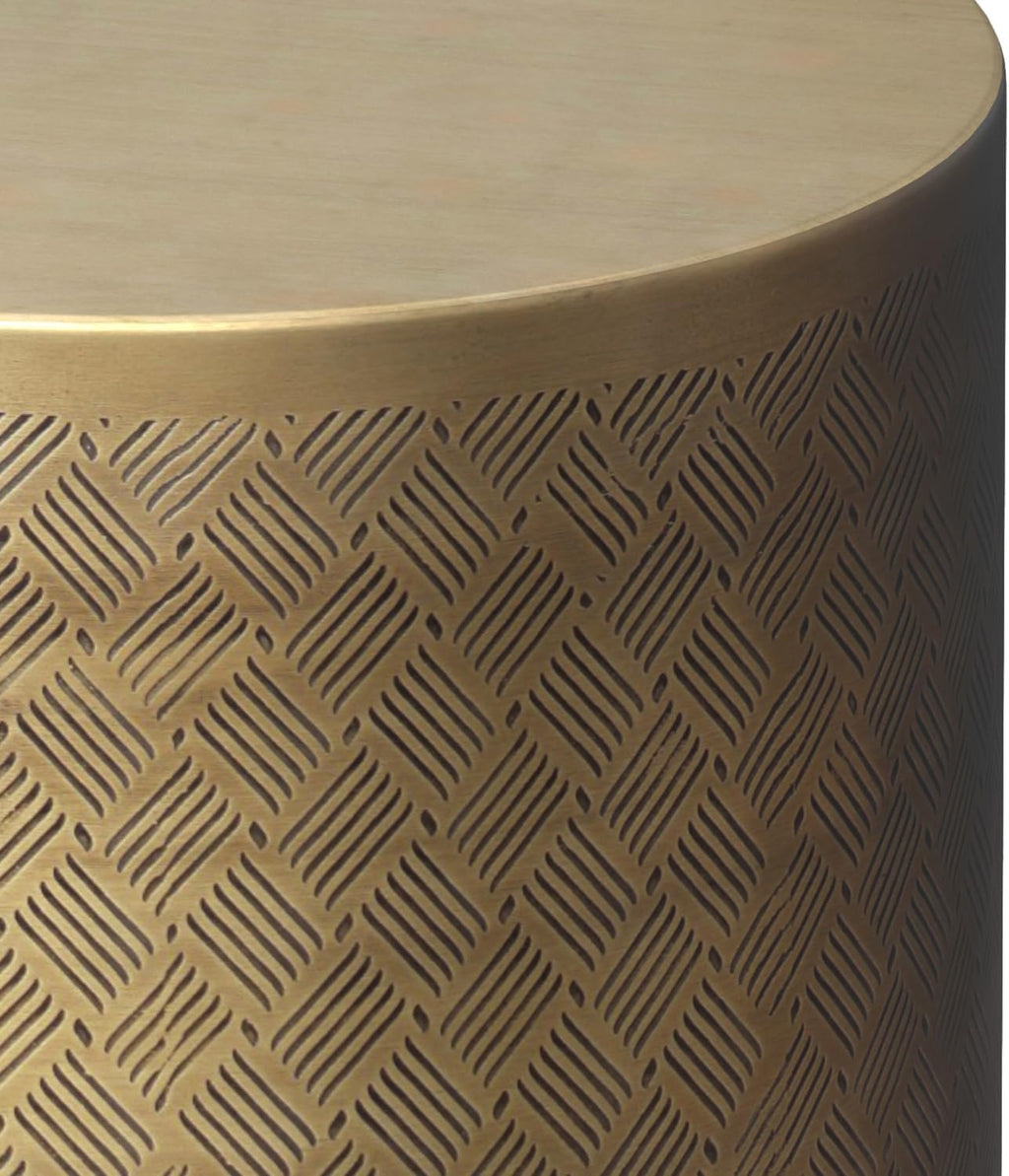 SIMPLIHOME Johnsen Metal Table - 18 inch Wide Solid Iron Round Accent Table in Antique Gold, Boho Side or End Table for Living Room or Family Room with Etched Cross Hatch Pattern, Assembled