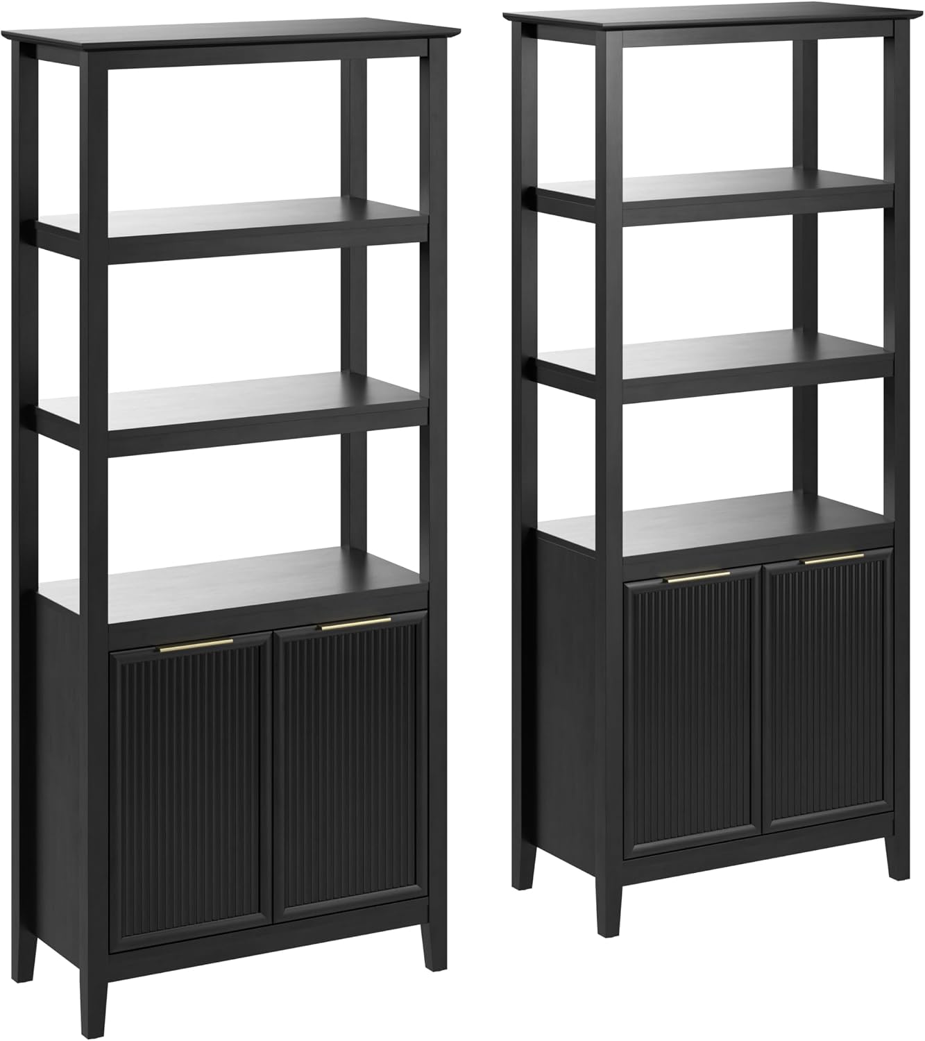 Bush Home Fluted 5 Shelf Bookcase with Doors - Set of 2, Living Room Furniture, Camille Collection, Onyx Birch Black