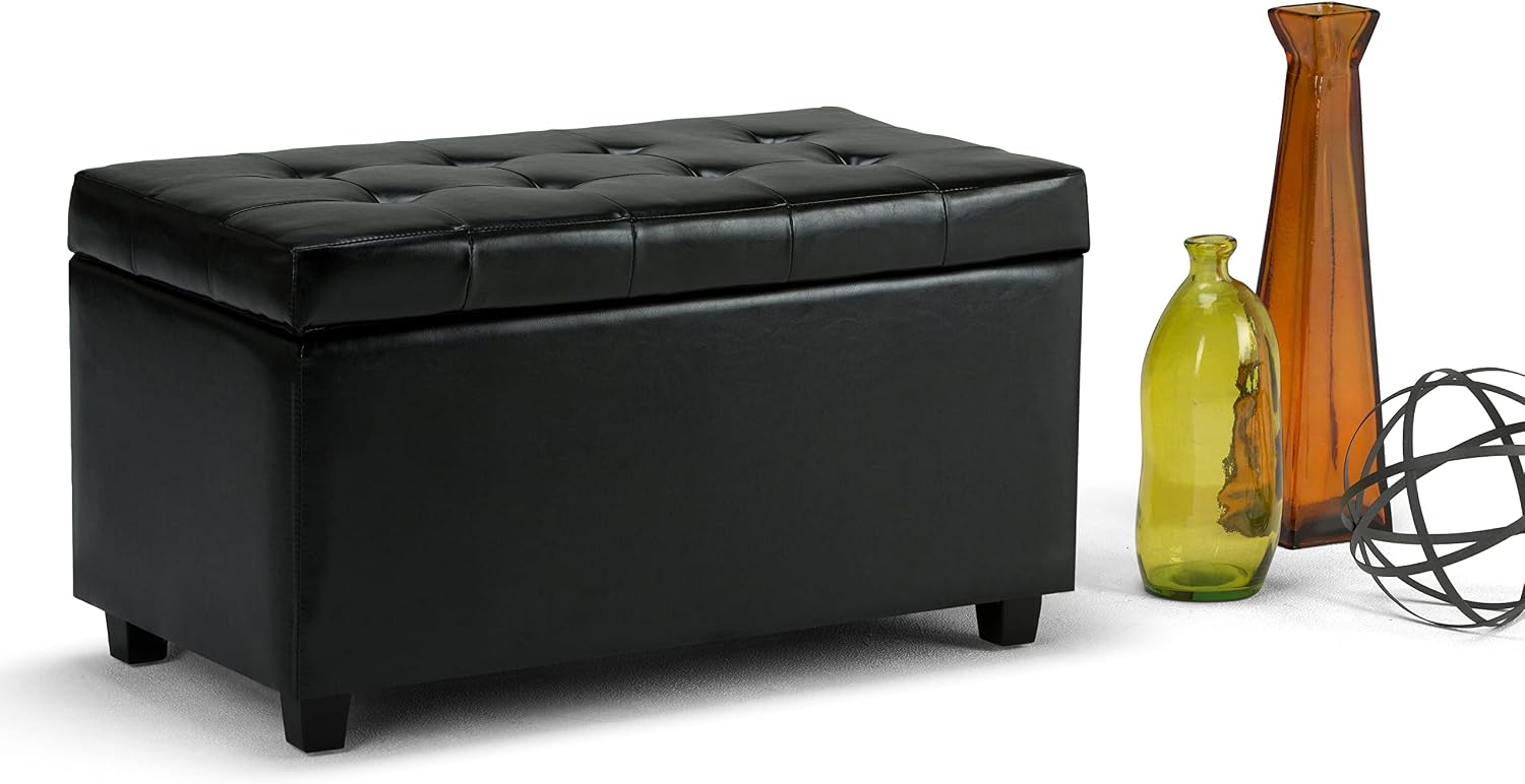 SIMPLIHOME Cosmopolitan Storage Ottoman - 34 inch Wide Upholstered Vegan Leather Rectangle Storage Ottoman Bench in Midnight Black, Transitional Tufted Ottoman for Living Room with Lift-Up Lid
