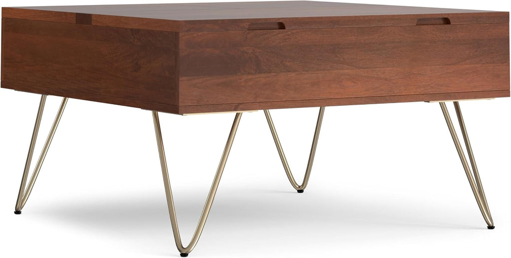 SIMPLIHOME Hunter Lift Top Coffee Table - 32 inch Wide Solid Mango Wood Industrial Square Cocktail Table in Umber Brown, Living Room Table with Dual Lift Tops, Hidden Storage and Gold Hairpin Legs
