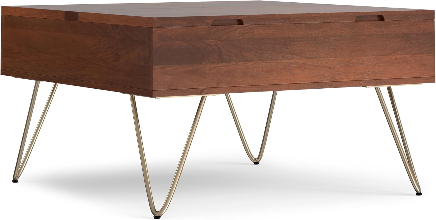 SIMPLIHOME Hunter Lift Top Coffee Table - 32 inch Wide Solid Mango Wood Industrial Square Cocktail Table in Umber Brown, Living Room Table with Dual Lift Tops, Hidden Storage and Gold Hairpin Legs