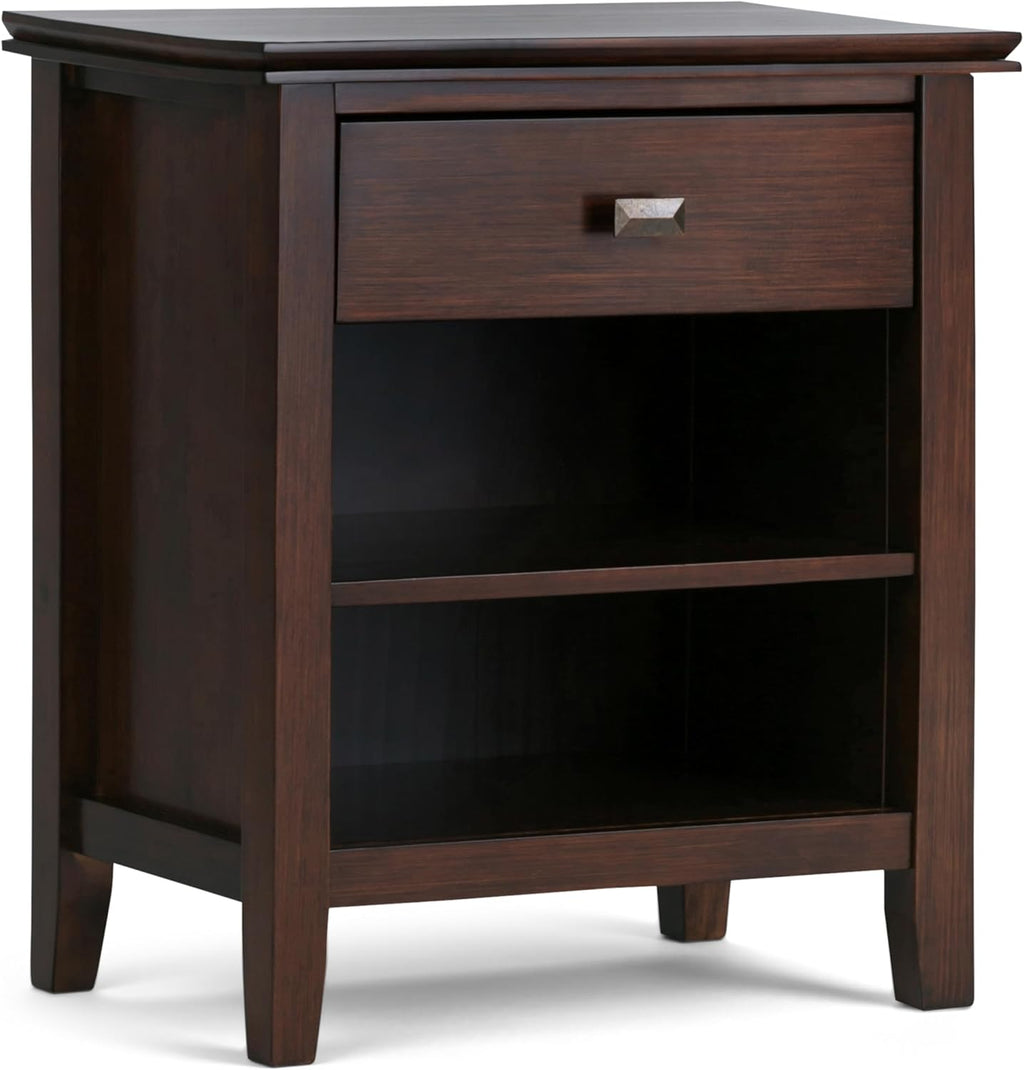 SIMPLIHOME Artisan Bedside Table - 24 inch Wide Solid Wood Nightstand Table in Russet Brown, Transitional Bedroom Side or End Table with 1 Drawer and Open Shelf Storage
