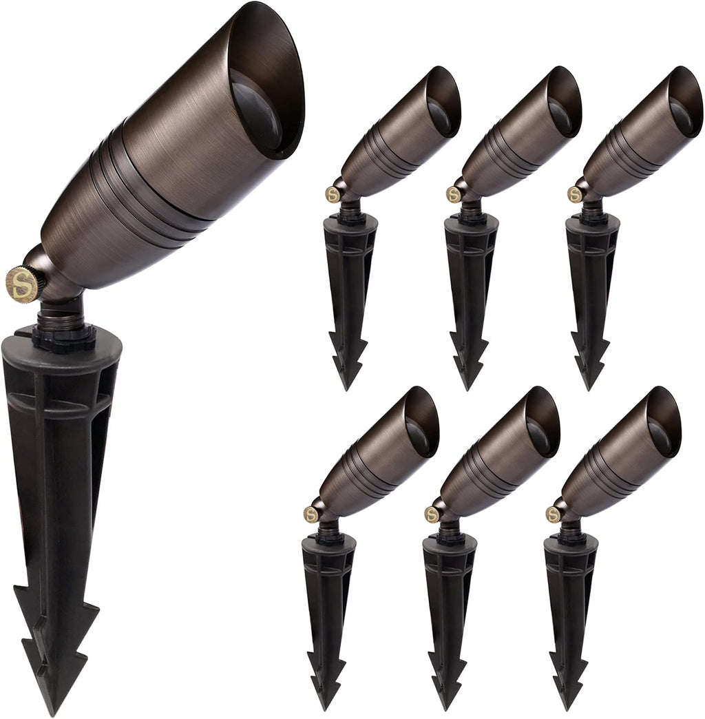 Solid Brass Low Voltage Landscape Spotlight Directional Spot Up Light in Antique Brass Finish with Ground Spike and Waterproof Grease Cap Wire Connectors (6 Set)