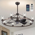 44' Large Ceiling Fans with Lights Wagon Wheel Chandelier, Farmhouse Fandelier Classical Black Fans with Glass Lampshade Light Fixture,App, 6 Speed,Timing,Adjustable Height for Dining Room Living Room