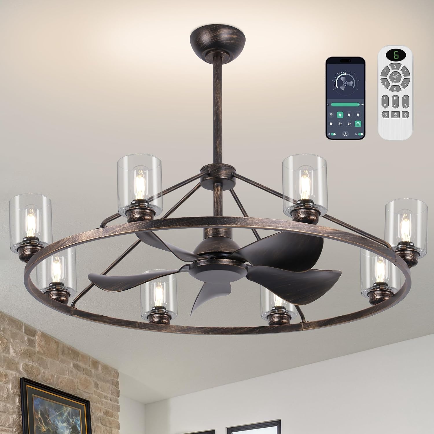44' Large Ceiling Fans with Lights Wagon Wheel Chandelier, Farmhouse Fandelier Classical Black Fans with Glass Lampshade Light Fixture,App, 6 Speed,Timing,Adjustable Height for Dining Room Living Room