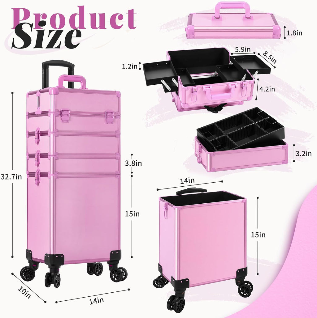 Professional Rolling Makeup Train Case with Lid, 5 in 1 Cosmetology Case on Wheels, Large Cosmetic Trolley Organizer Travel for Hairstylist Artist Nail Beauty Salon Barber, Pink