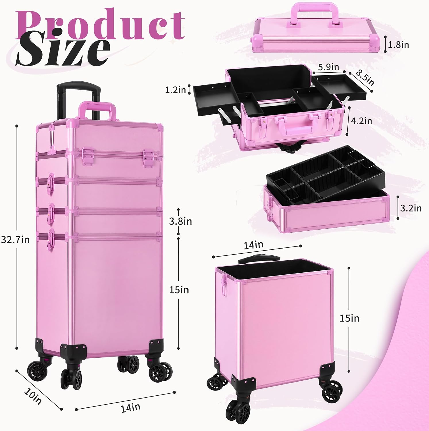 Professional Rolling Makeup Train Case with Lid, 5 in 1 Cosmetology Case on Wheels, Large Cosmetic Trolley Organizer Travel for Hairstylist Artist Nail Beauty Salon Barber, Pink