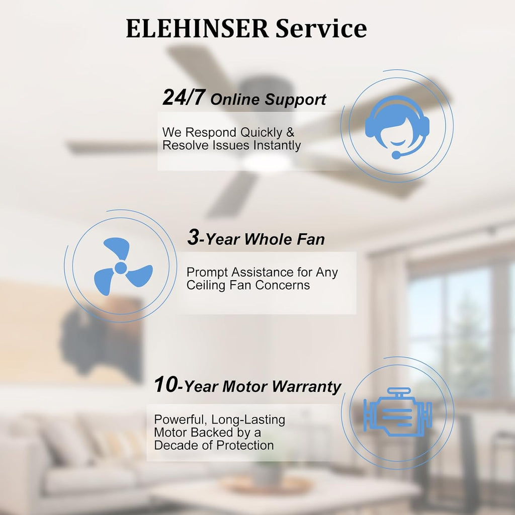 ELEHINSER 52 Inch Flush Mount Ceiling Fan with Lights, Low Profile Modern Ceiling Fan with Remote, Quiet DC Motor, 6-Speed, 3CCT,Timer, 5 Solid Wood Blades, Charcoal Grey