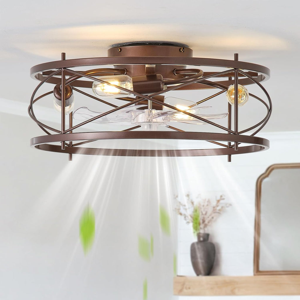 20' Brown Ceiling Fan with Light Flush Mount, Farmhouse Caged Ceiling Fans with Lights and Remote, Bladeless Low Profile Ceiling Fan with 6 Speeds for Bedroom, Living Room, Nursery