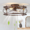 20' Brown Ceiling Fan with Light Flush Mount, Farmhouse Caged Ceiling Fans with Lights and Remote, Bladeless Low Profile Ceiling Fan with 6 Speeds for Bedroom, Living Room, Nursery
