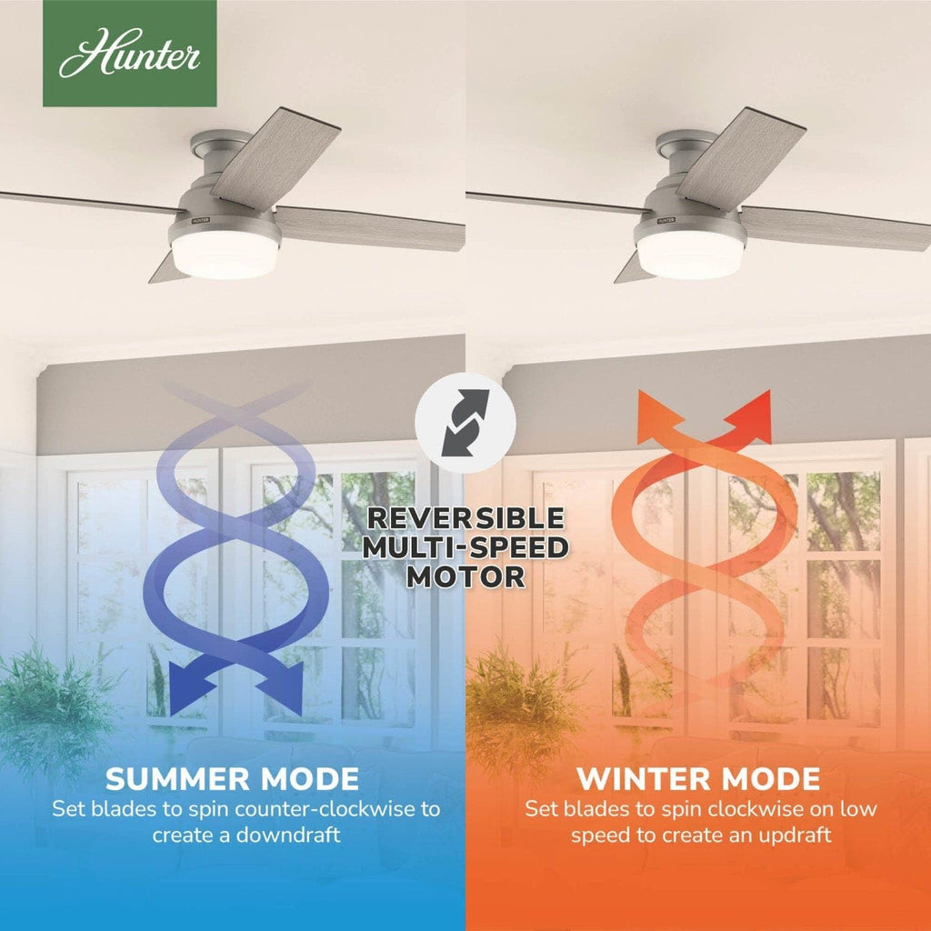 Hunter Fan 52 inch Low Profile Matte Silver Indoor Ceiling Fan with LED Light and Remote Control, Holiday Gift for Bedroom, Living Room, Dining Room, Kitchen, Office (Renewed)