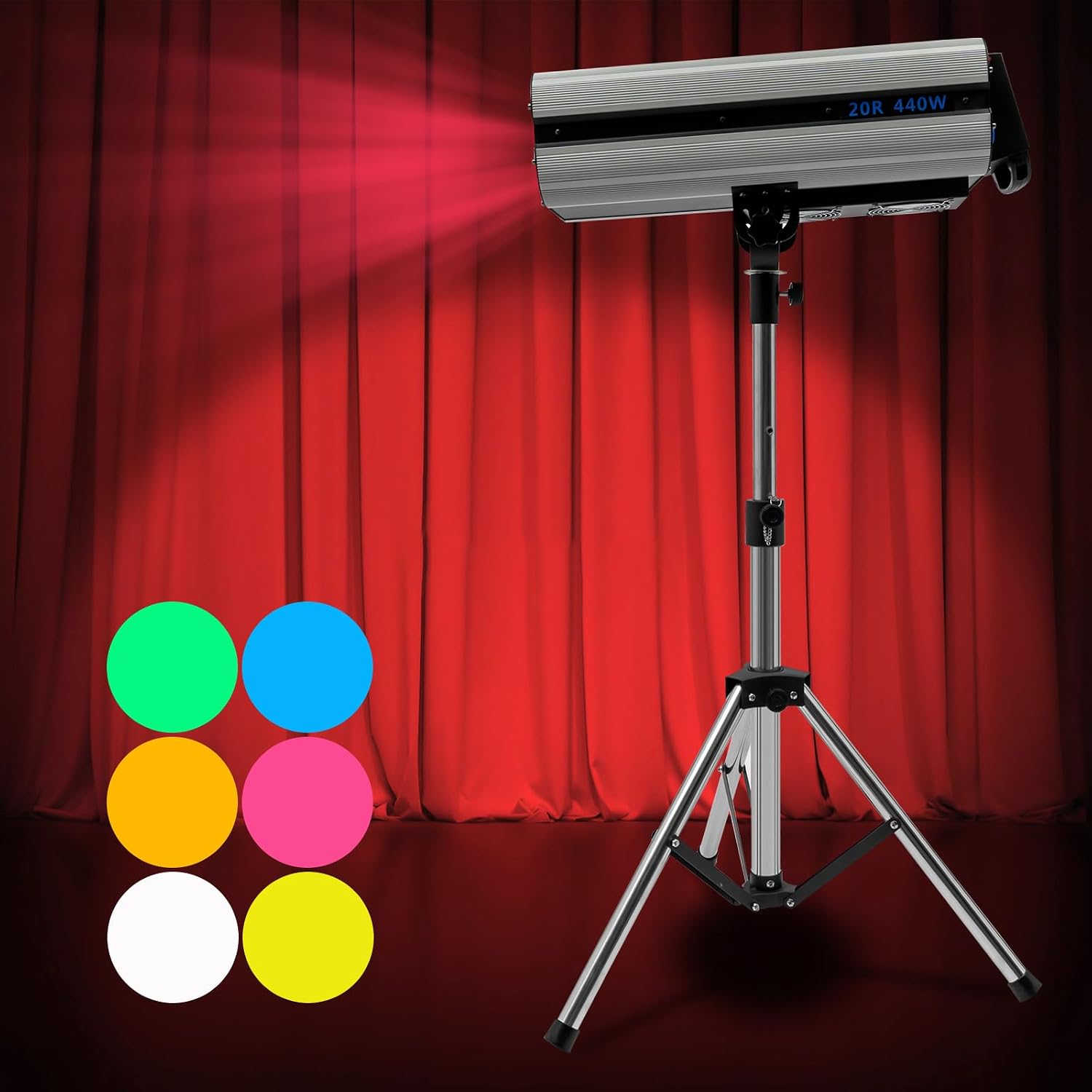 LED Follow Spot Light, 440W Stage Spotlight with Stand Muti-Color Dual Control Stage Light LED Follow Spotlight for Stage Party Show Wedding Adjustable Aperture 328-393.7ft Illumination Distance