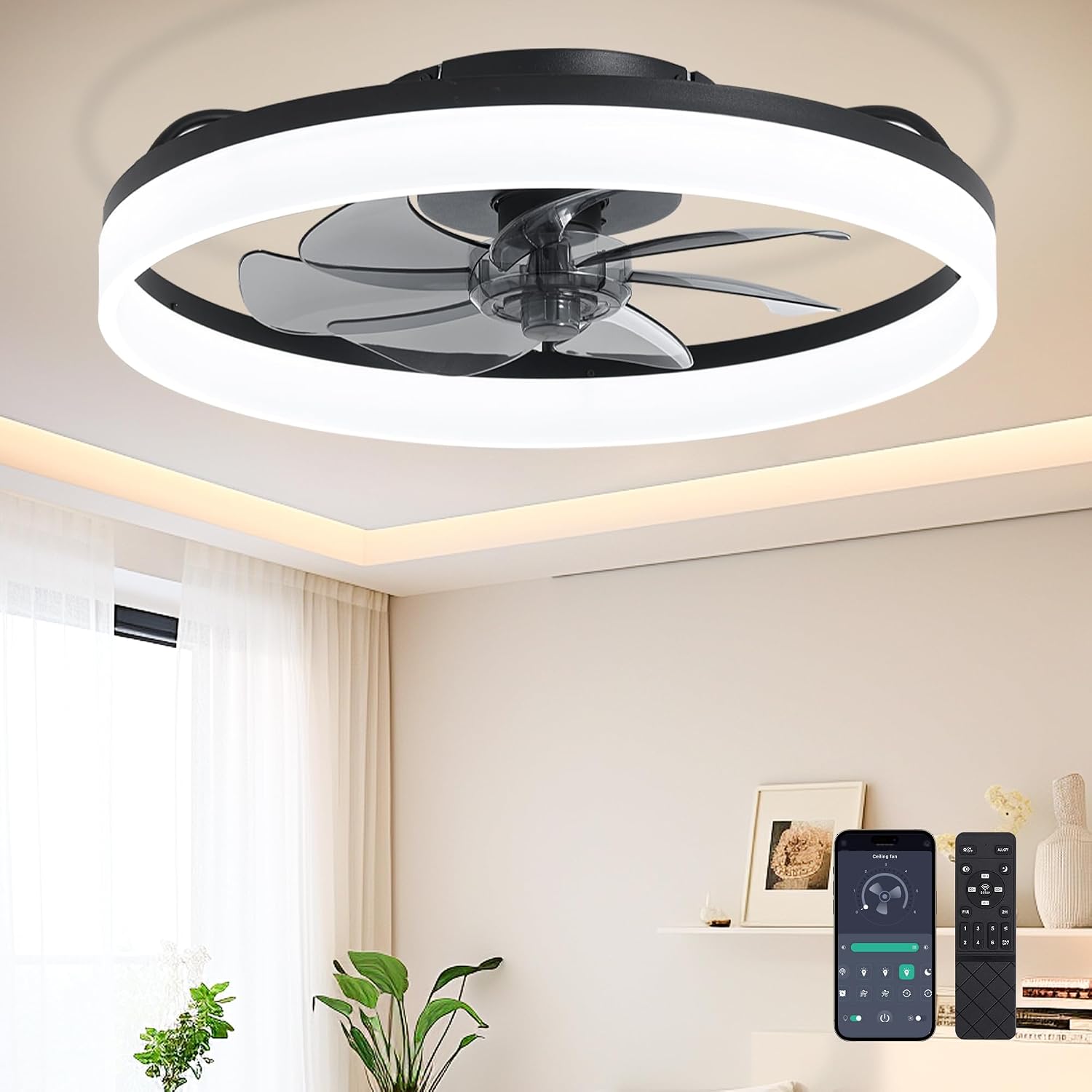 Ceiling Fans with Lights and Remote Fandelier - 20'' Flush Mount Low Profile Modern Black Ceiling Fans for Bedroom - Stepless Color Temperature Change and 6 Speeds, Black