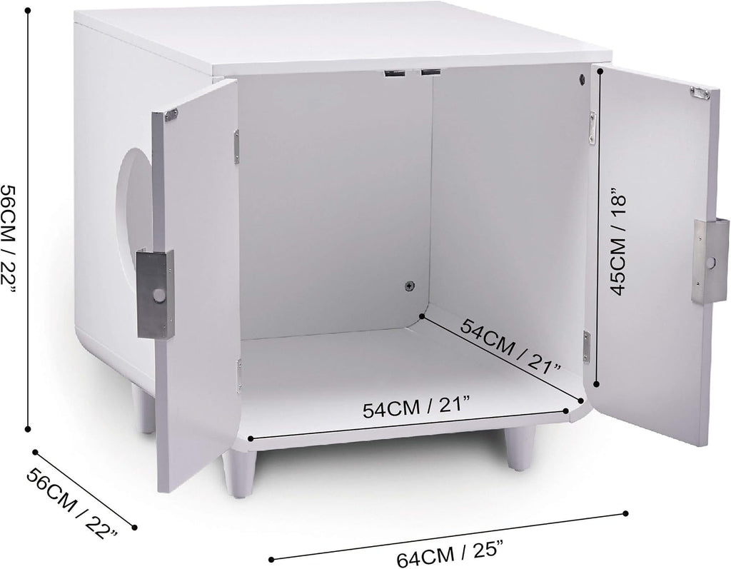 Staart Dyad Cat Litter Box Enclosure and Furniture Hidden Cat Home Side Table Nightstand Indoor Pet Crate Alpine White