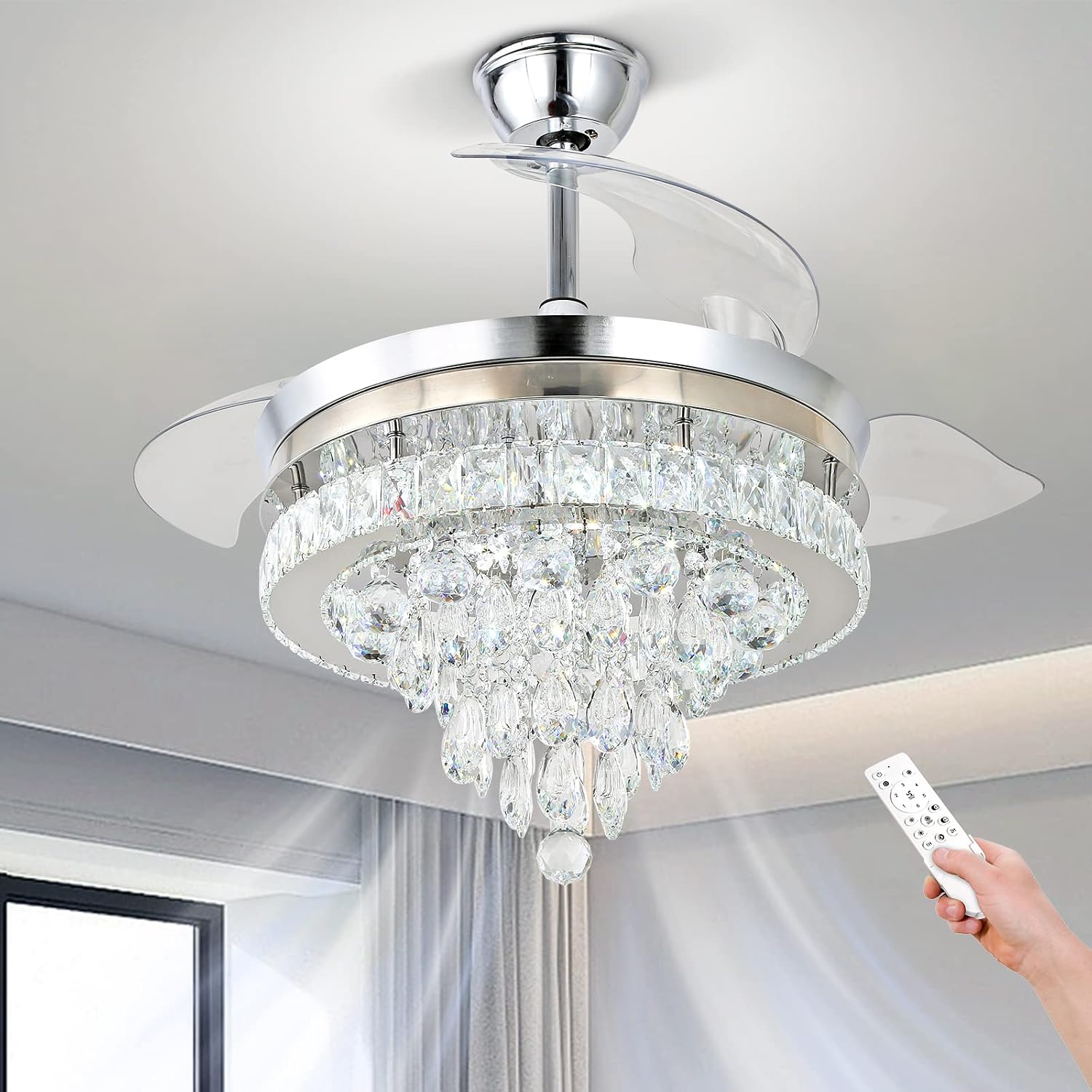 Finktonglan 42' Crystal Fandelier Ceiling Fan with Lights, Retractable Blades, Dimmable 60W LED, Remote & App Control, Quiet Reversible Motor, 6 Speeds & Timer, Downrod Mount for Bedroom/Living Room