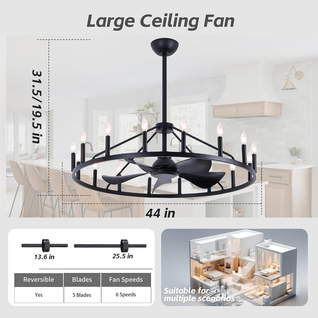 Farmhouse Chandelier Ceiling Fan with Light and Remote, 16-Lights Large Wagon Wheel Fandelier with Candle for Living Room,Rustic Black Fan with Big Light Fixture for Loft
