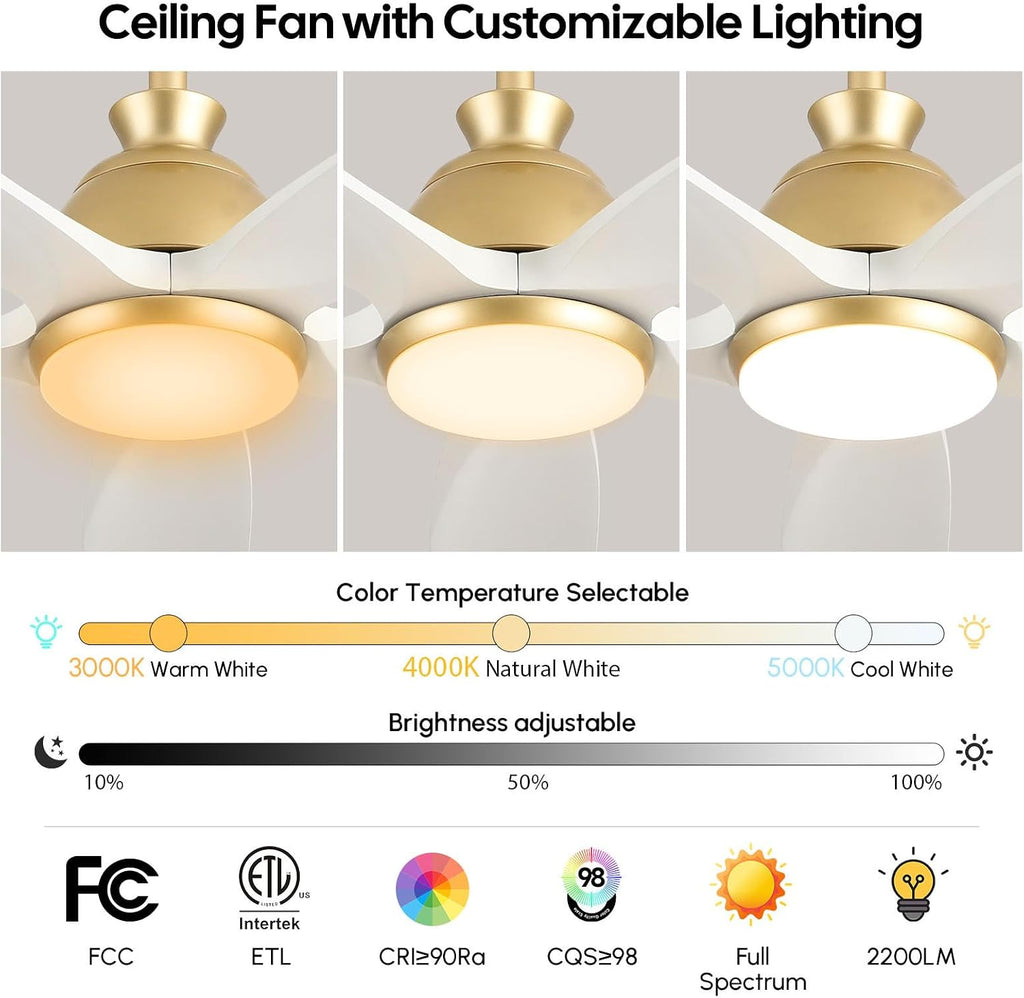 60 Inch Outdoor Ceiling Fan with Lights and Remote, Modern Farmhouse Gold Brass Ceiling Fans, 5 White Solid Wood Blades, Quiet DC Motor, High CFM Airflow, Damp Rated for Patio Porch Large Room Indoor