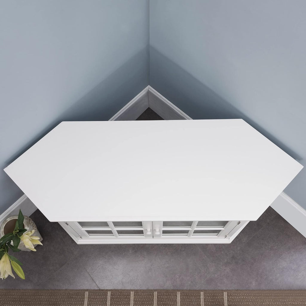 Leick Home Corner TV Stand, 60 in, Beveled Glass Doors, Solid Wood, Adjustable Shelves, Easy Assembly, White, 56 in L x 20 in W x 25 in H, Item 85387