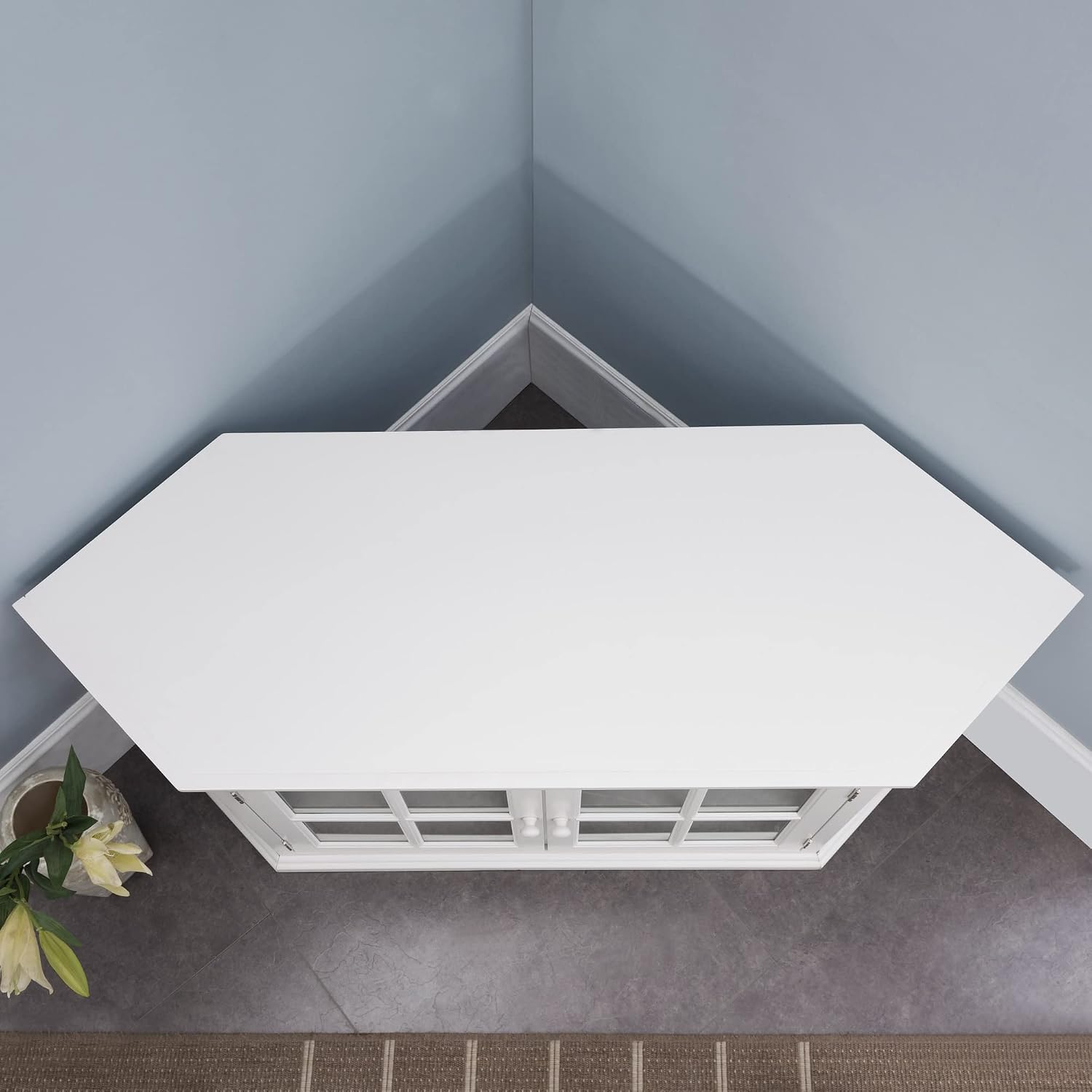Leick Home Corner TV Stand, 60 in, Beveled Glass Doors, Solid Wood, Adjustable Shelves, Easy Assembly, White, 56 in L x 20 in W x 25 in H, Item 85387
