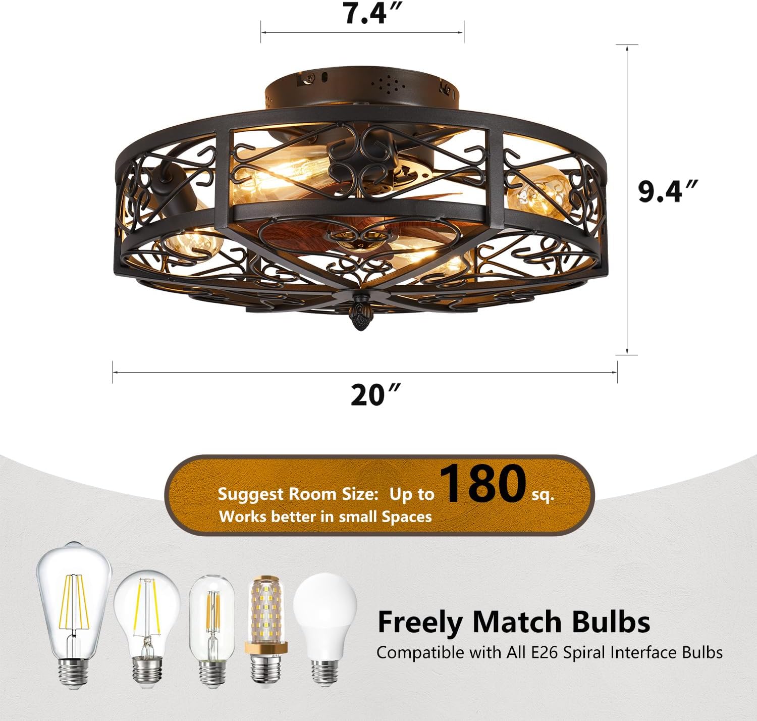 20' Caged Farmhouse Flush Mount Ceiling Fan with Light and Remote Control Bladeless Low Profile Ceiling Fans with Lights Enclosed Vintage Fan 6 Speed Reversible for Kitchen, Bedroom