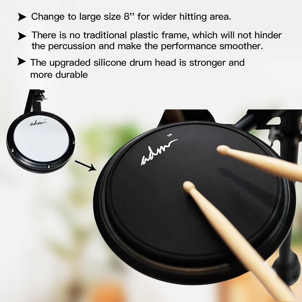 ADM Electronic Drum Set With 4 Quiet Electric Drum Silicone Pads, 180+ Sounds, Electric Drum Kit For Beginngers with 2 Switch Pedals, Throne, Headphones, DrumSticks, and Melodics Lessons