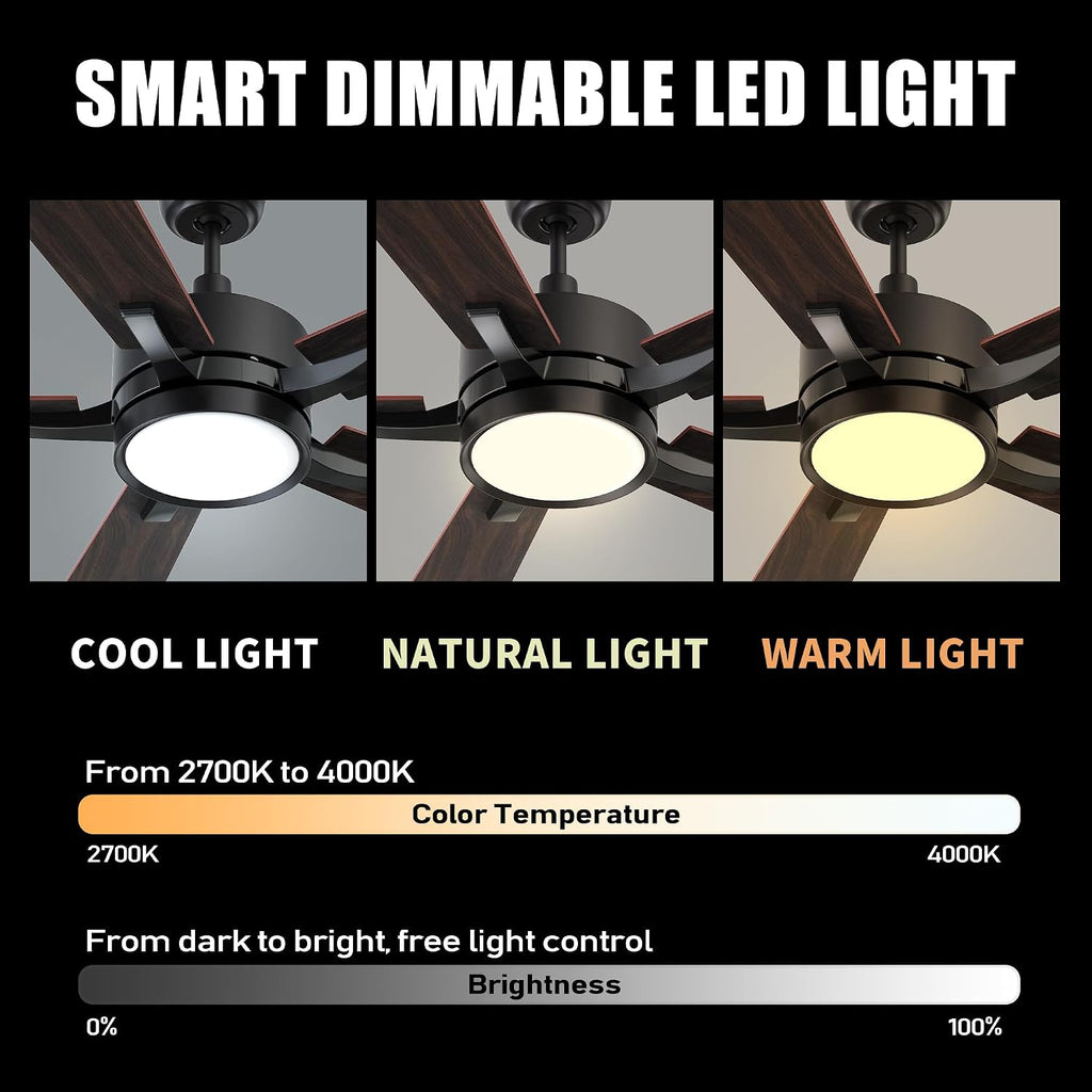 CEME 52' Ceiling Fan with Light and Remote, 10 Speeds Reversible DC Motor Outdoor Ceiling Fan, 3 Light Colors Dimmable, Compatible with Alexa, Siri & Google Home, Dark Walnut & Reddish brown