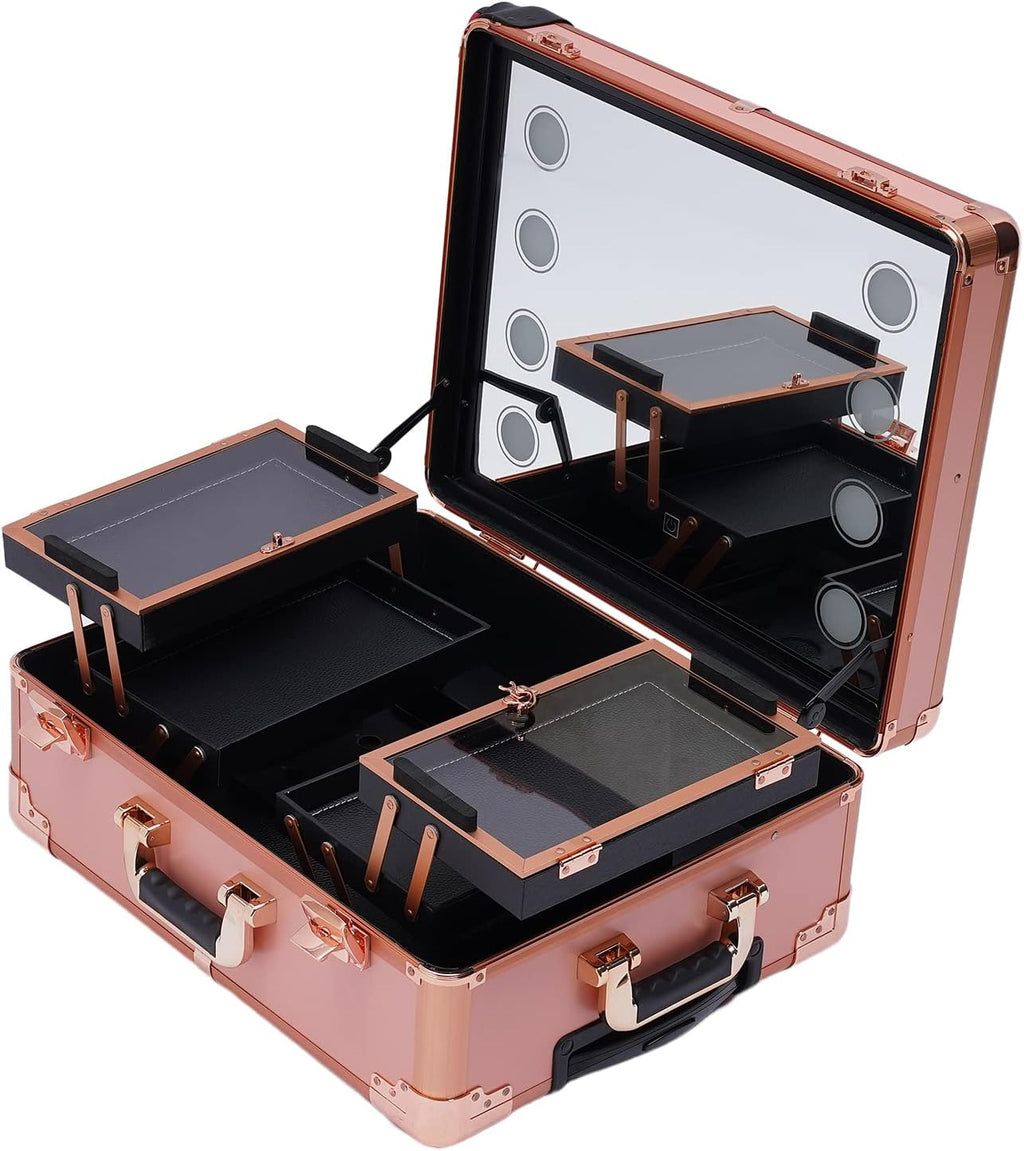 Aluminum Rolling Makeup Train Case with 8 LED Light Mirror Portable Lighted Makeup Vanity Station with Wheels and Stands, Lockable Professional Cosmetic Trolley for Travel (Rose Gold)