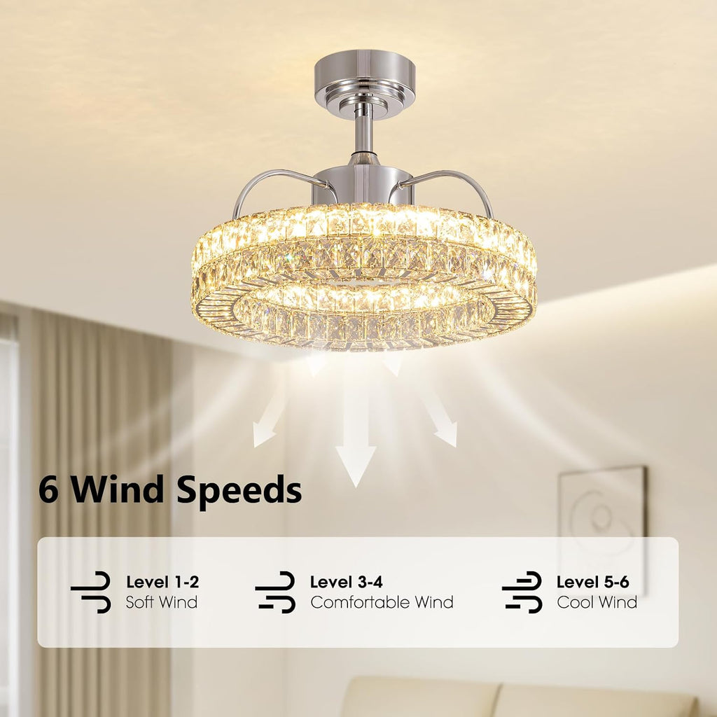 LUDOMIDE Crystal Ceiling Fans with Lights, 21' Fandelier Ceiling Fan with Light and Remote 6-Speed Wind, Dimmable LED, Chandelier Ceiling Fan for Bedroom Dining Room Living Room