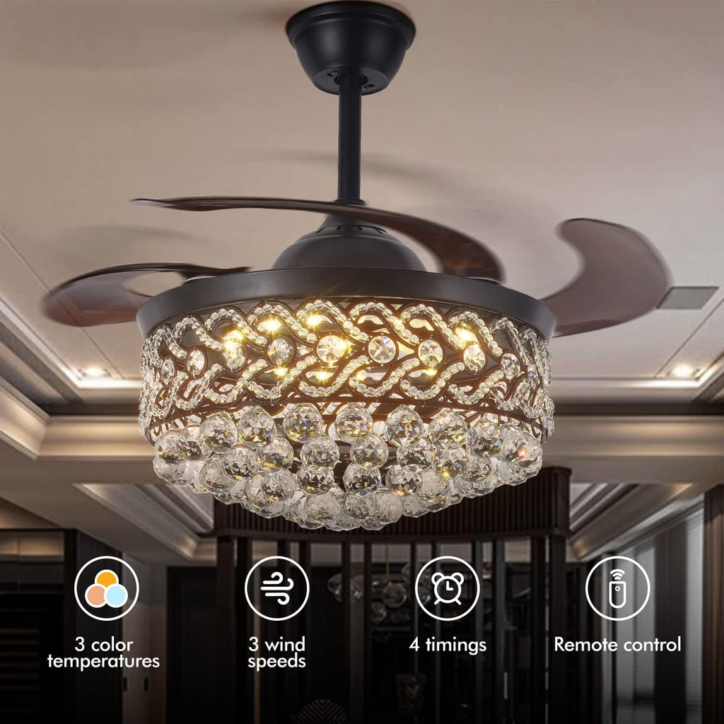 Black Crystal Chandelier Fan, 42' Fandelier Ceiling Fan with Light, Ceiling Fans with Retractable Blades Lights and Remote for Living Dinning Room