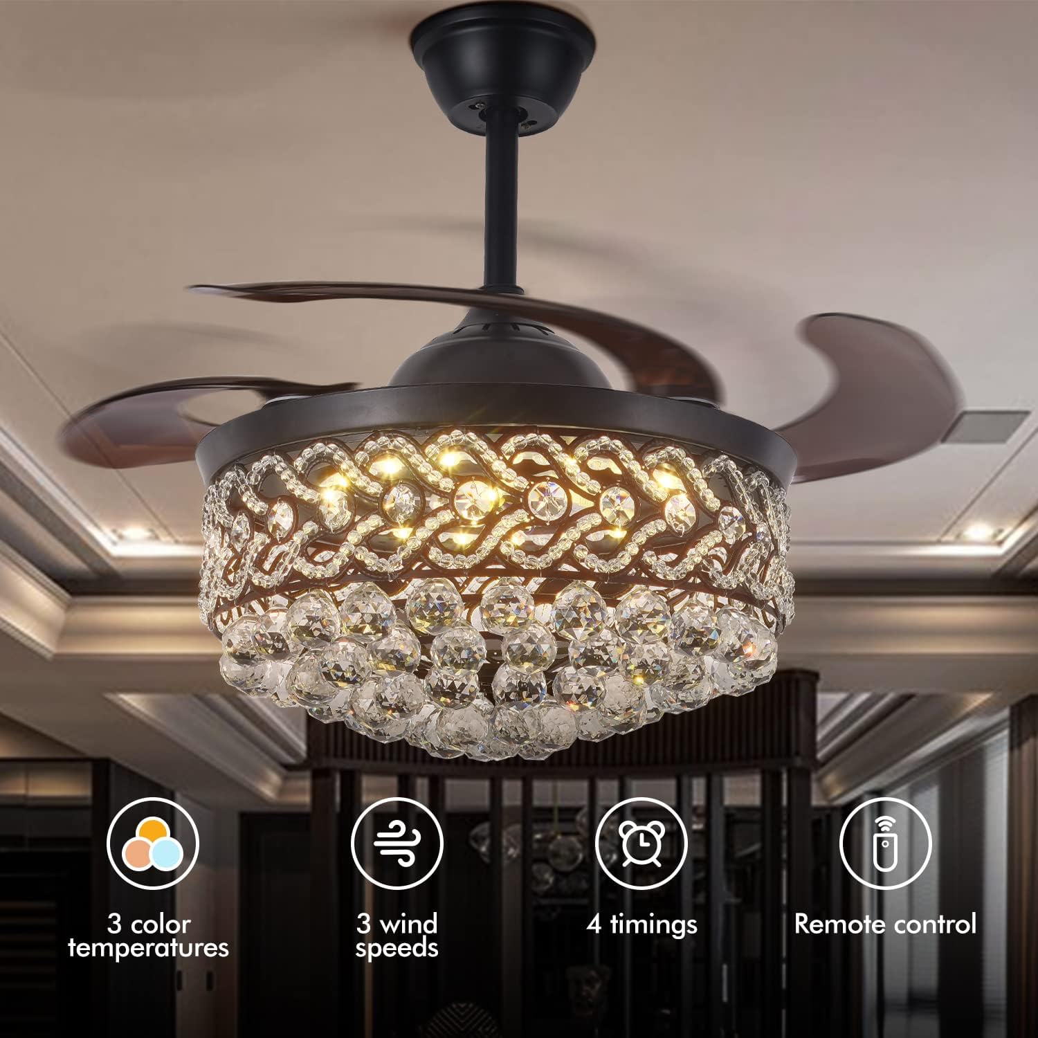 Black Crystal Chandelier Fan, 42' Fandelier Ceiling Fan with Light, Ceiling Fans with Retractable Blades Lights and Remote for Living Dinning Room