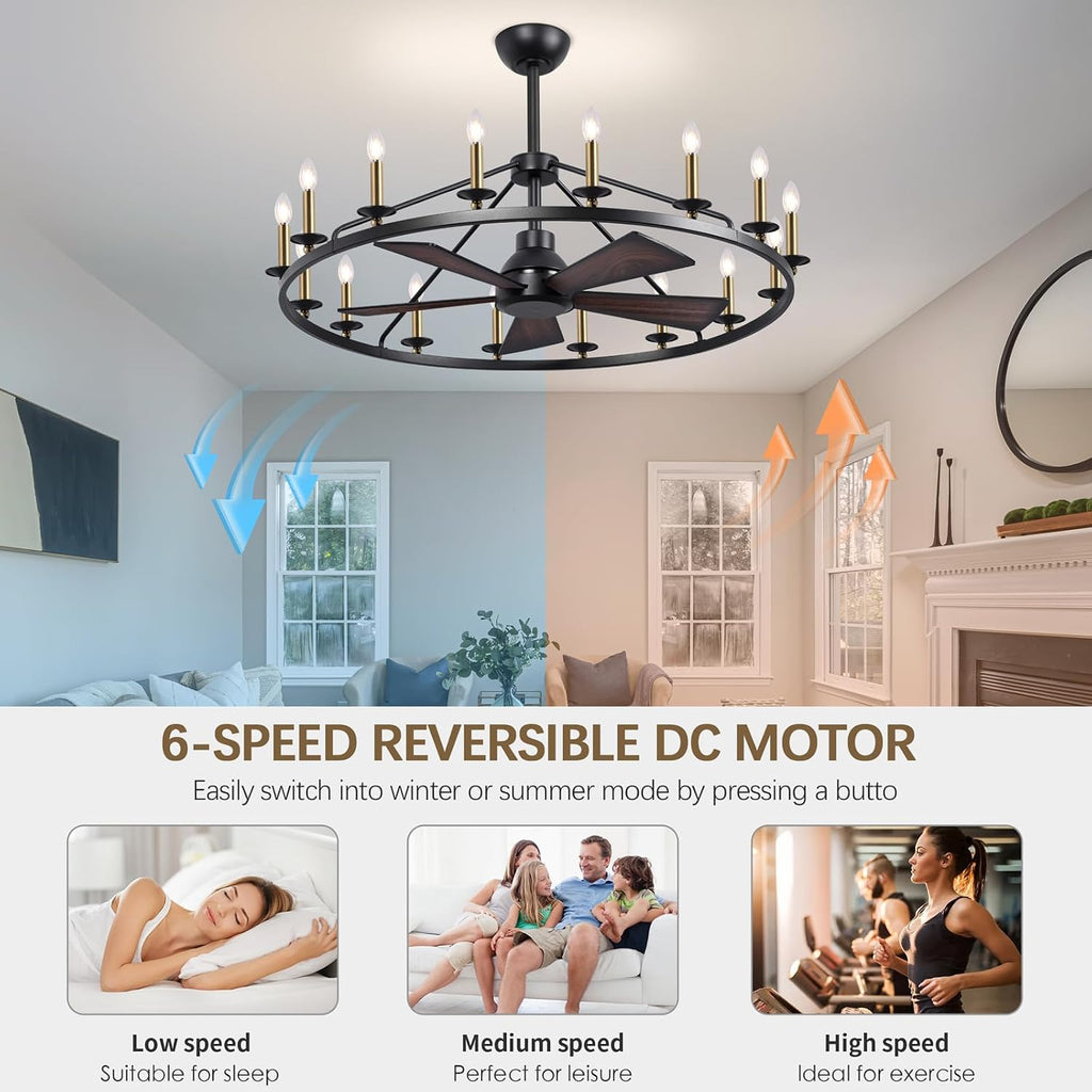 44' Wagon Wheel Chandelier with Fans, Black and Gold Wagon Wheel Ceiling Fan with 16-Light and Remote, Farmhouse Chandelier for Living Room, Adjustable Height, 6-Speed Reversible Quiet Large Fandelier
