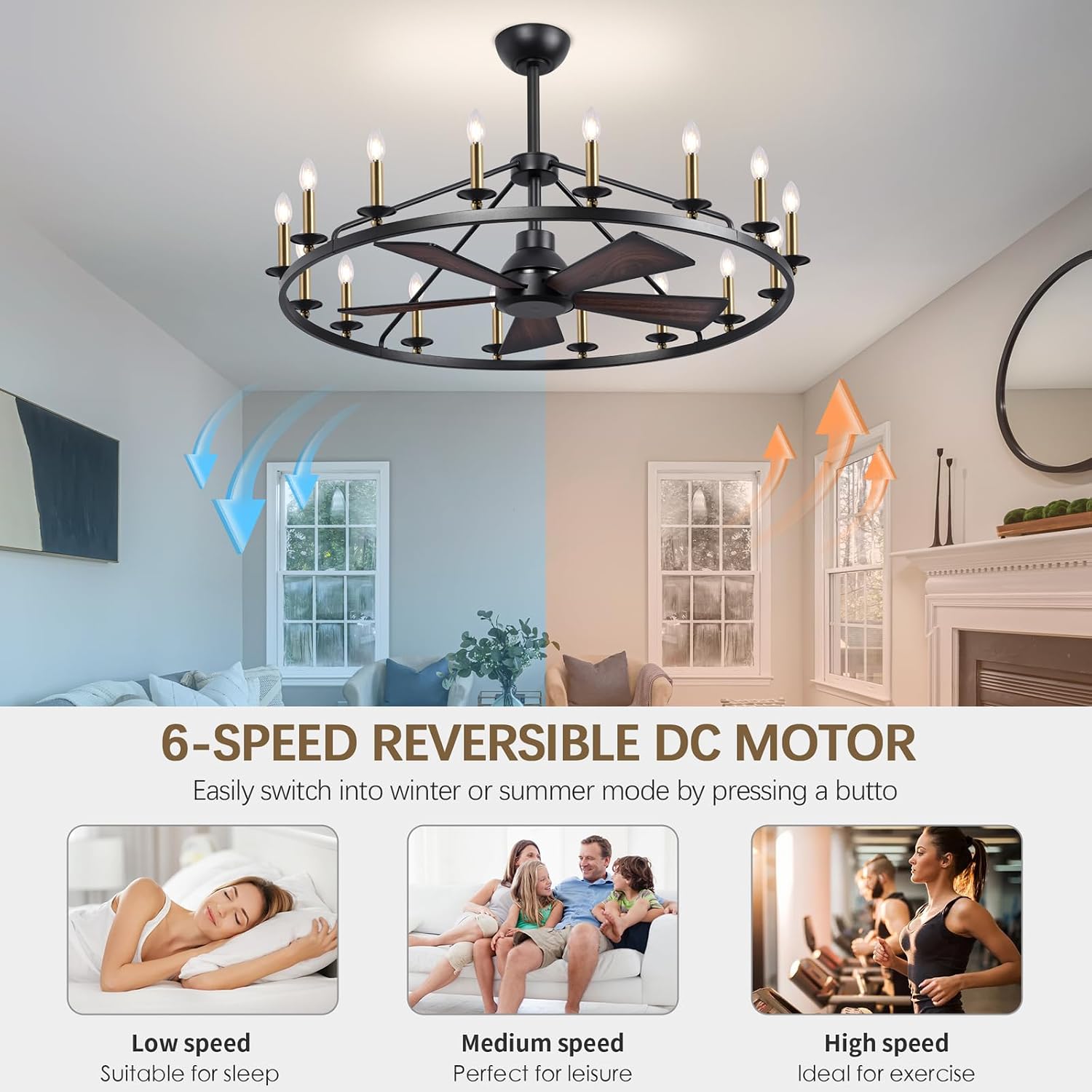 44' Wagon Wheel Chandelier with Fans, Black and Gold Wagon Wheel Ceiling Fan with 16-Light and Remote, Farmhouse Chandelier for Living Room, Adjustable Height, 6-Speed Reversible Quiet Large Fandelier